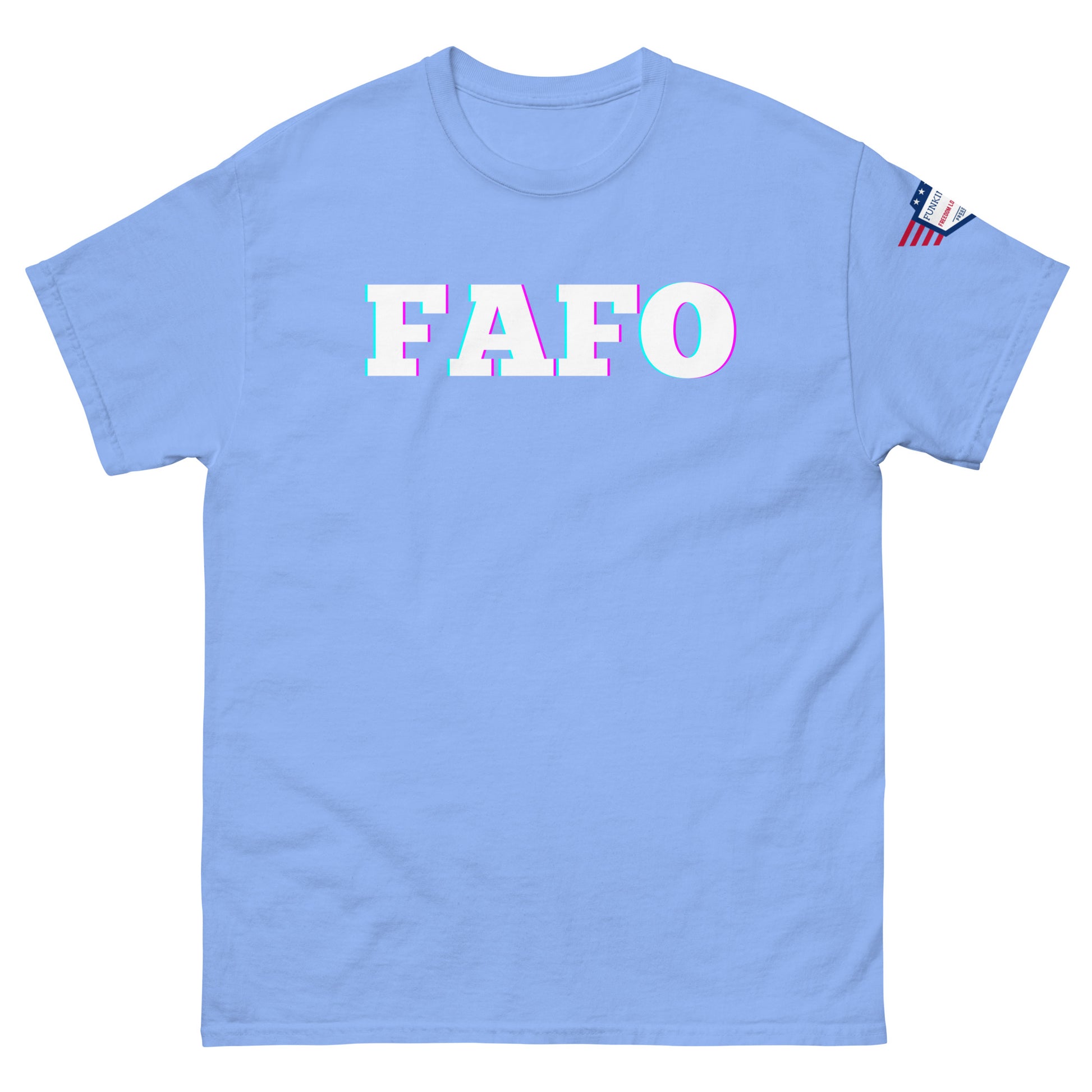 Front view of sky blue unisex tee with vibrant "FAFO" glitch graphic and US flag on right sleeve