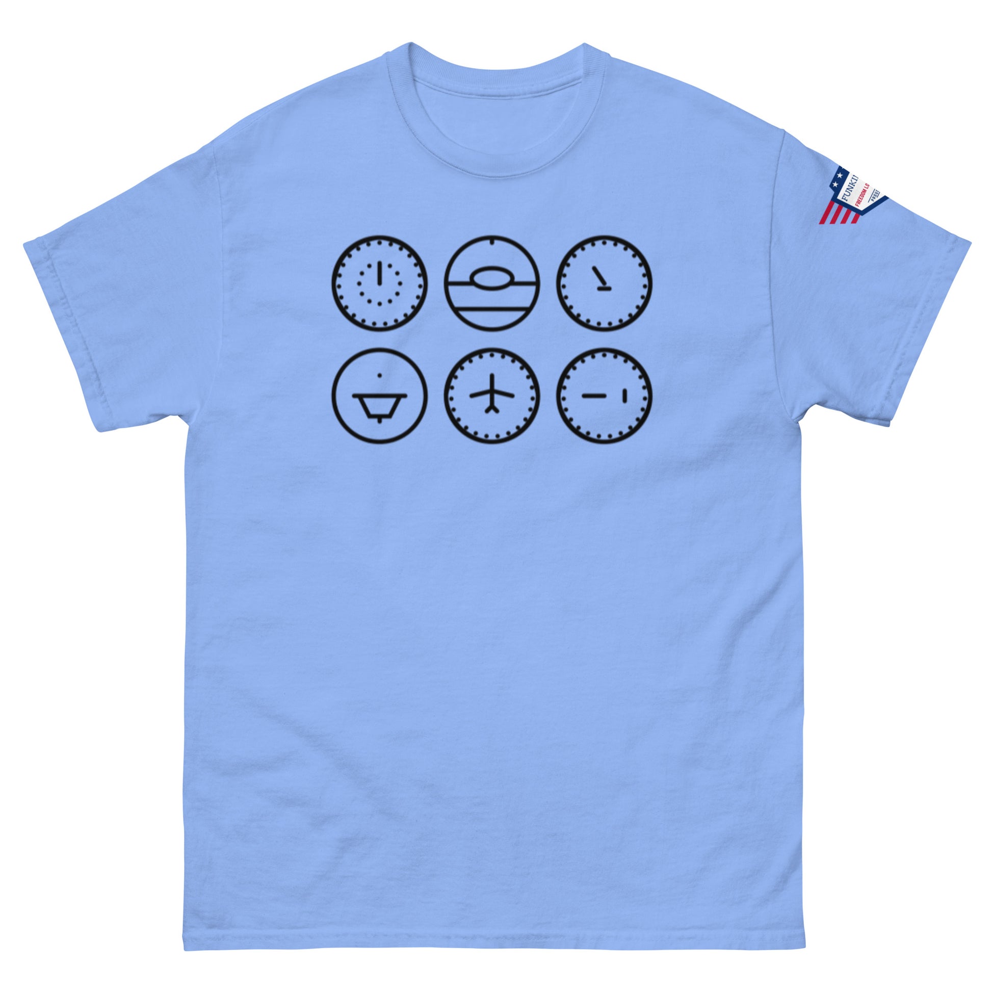 Front view of light blue unisex t-shirt displaying six black outline clock faces, flag on sleeve