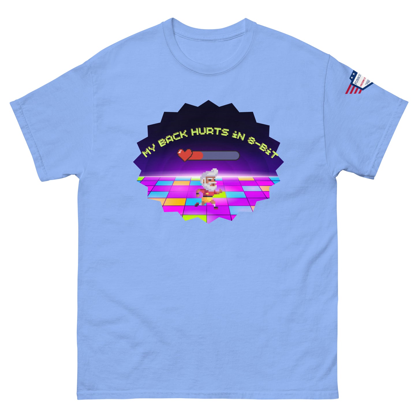 Front view of light blue unisex tee displaying "My Back Hurts 98%" neon chef dance print, USA flag on sleeve