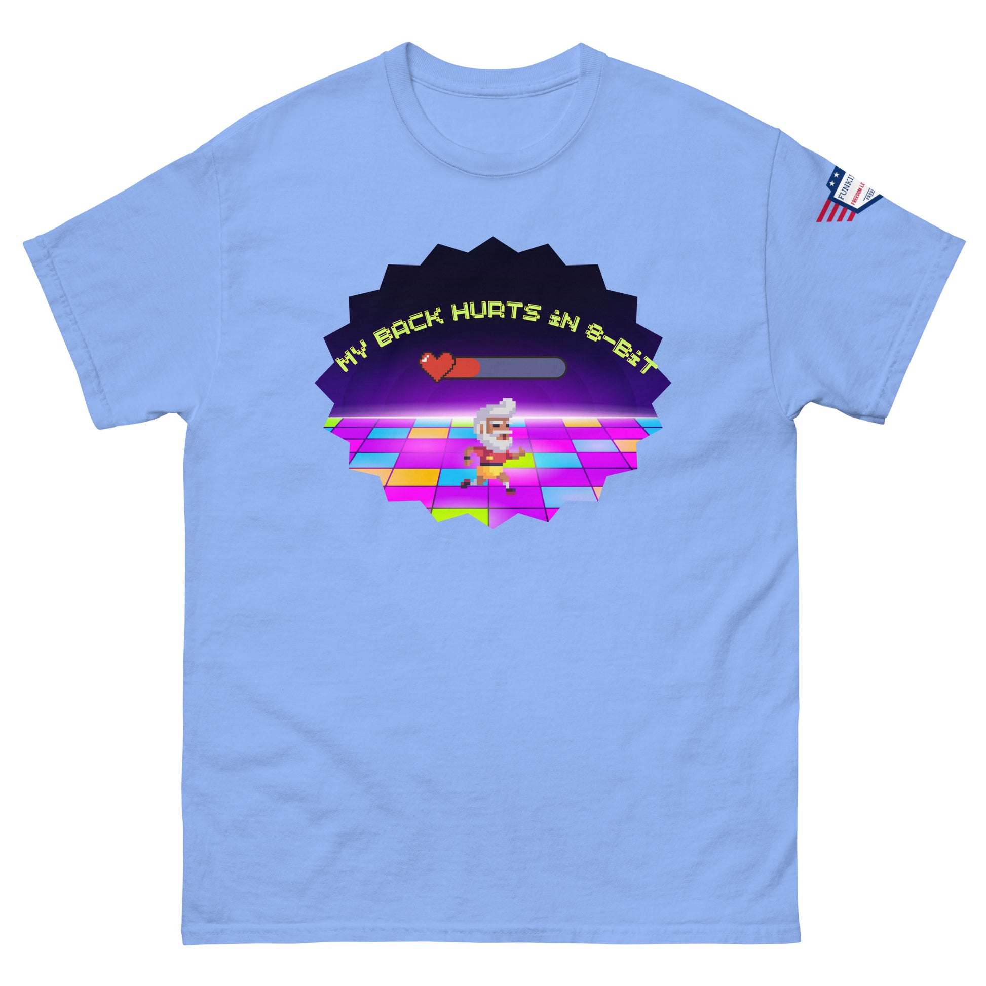 Front view of light blue unisex tee displaying "My Back Hurts 98%" neon chef dance print, USA flag on sleeve