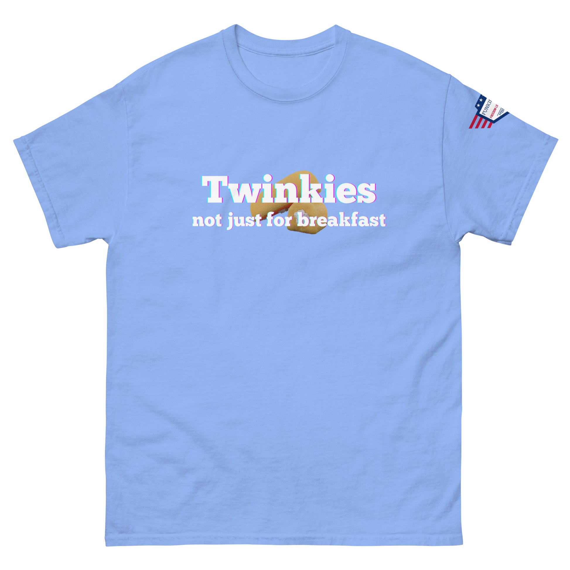 Front view of sky blue unisex tee with rainbow "Twinkies" over Twinkie graphic and white "not just for breakfast" text, flag sleeve patch
