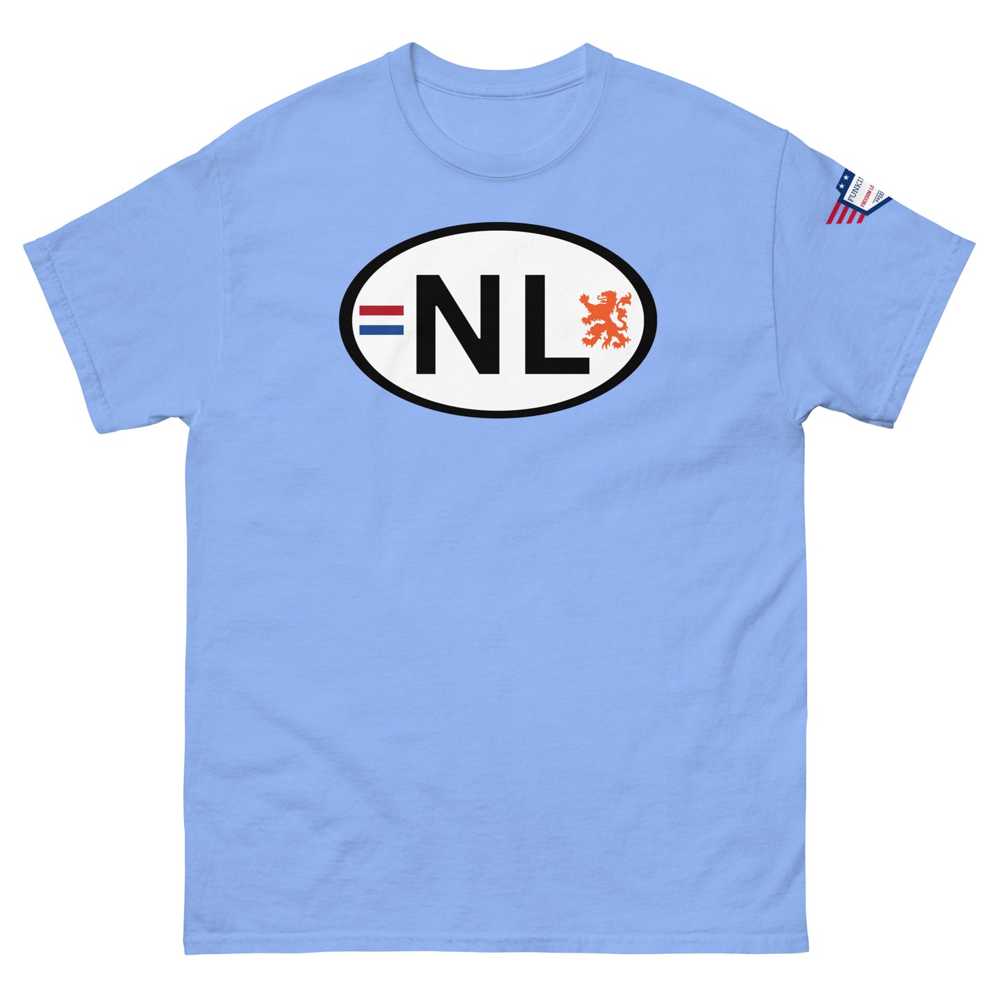 Front view of sky blue unisex classic tee showing white NL Dutch lion oval design, USA sleeve patch