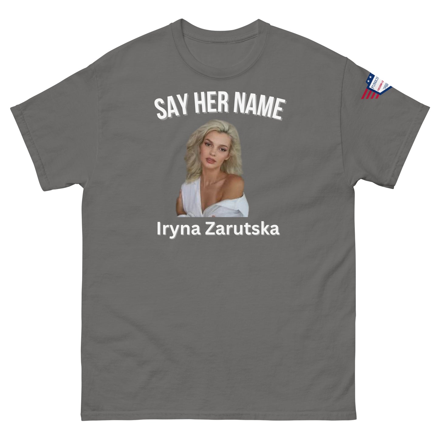 Front view of heather gray "SAY HER NAME" tee featuring Iryna Zaruska portrait, USA patch