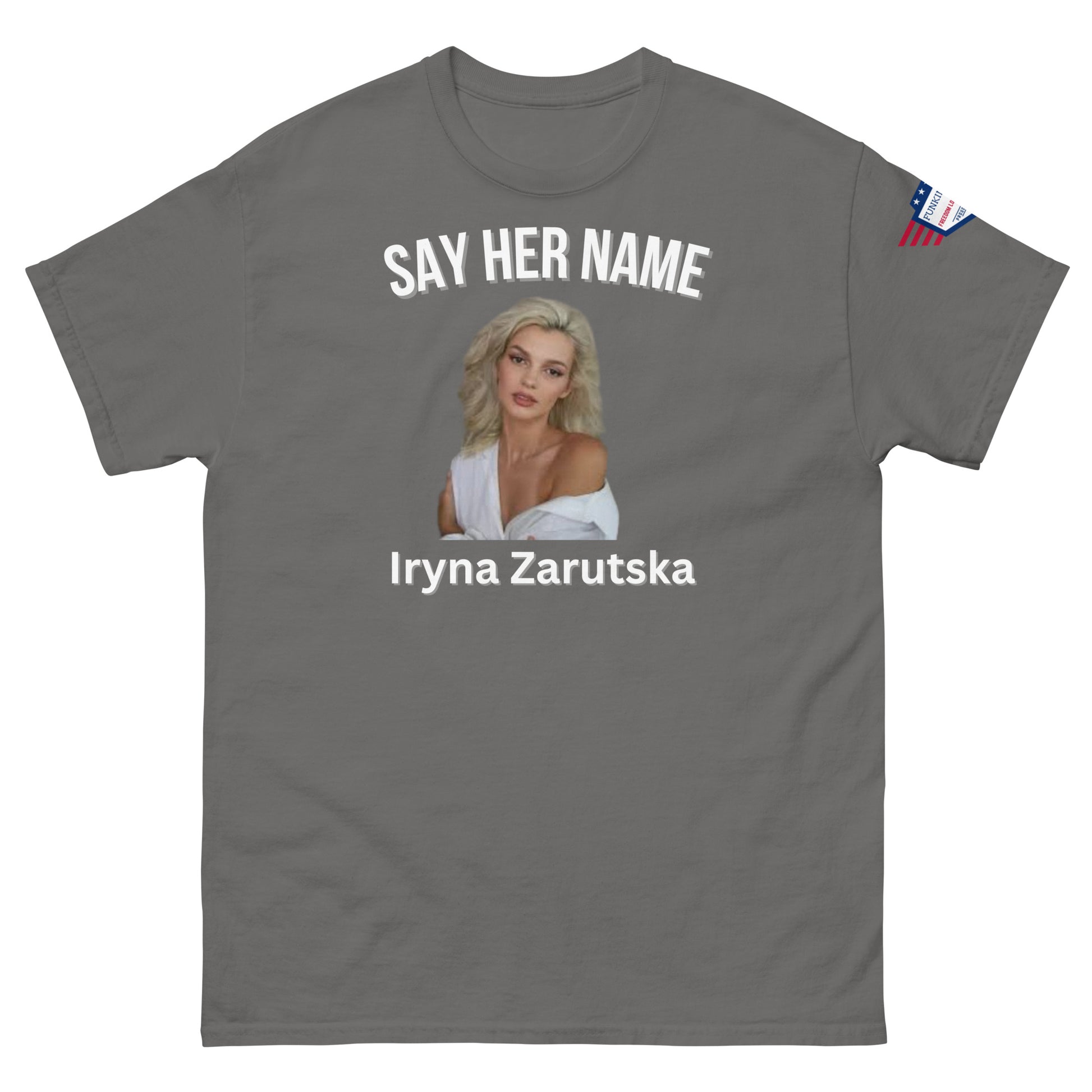 Front view of heather gray "SAY HER NAME" tee featuring Iryna Zaruska portrait, USA patch
