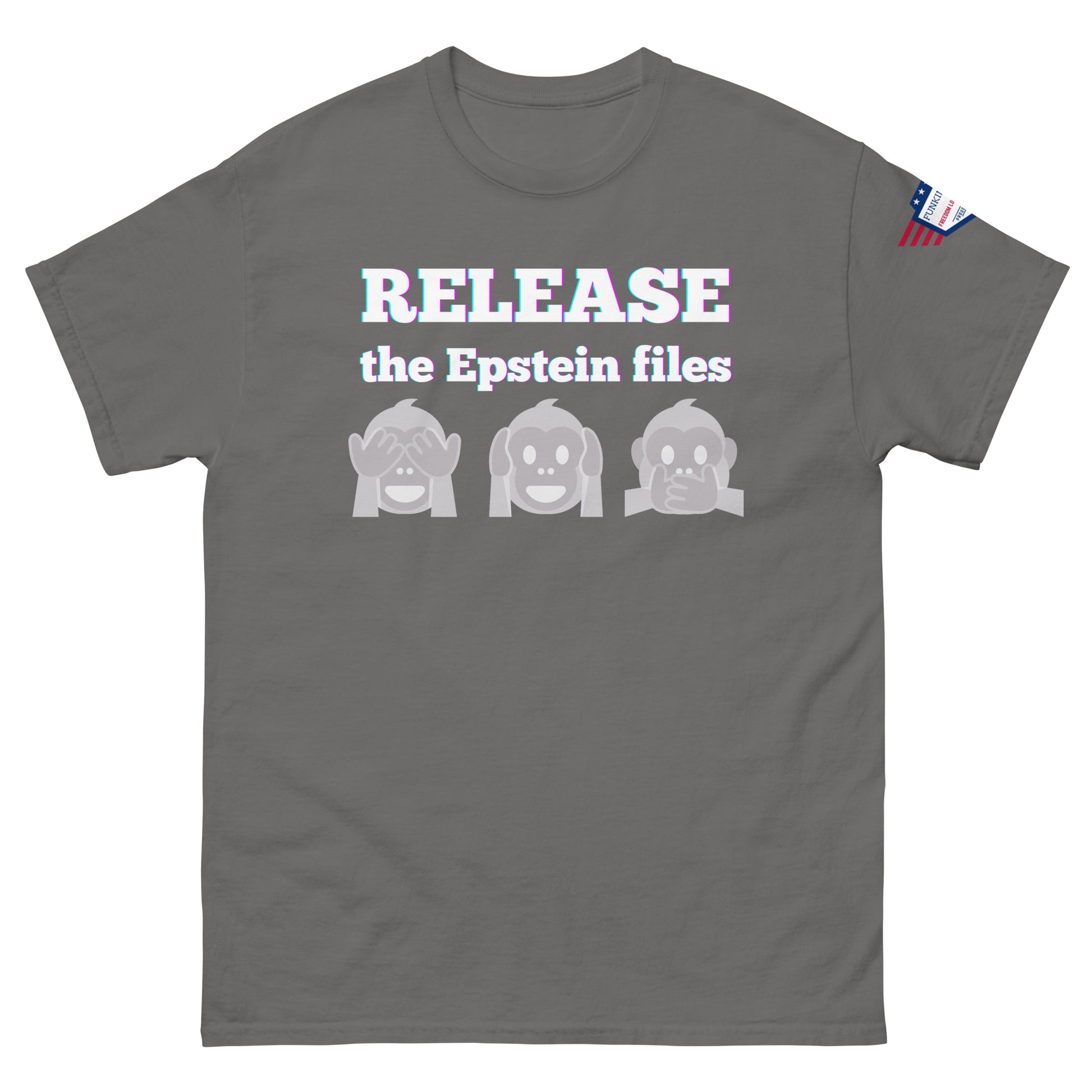 Front view of medium gray unisex t-shirt with prismatic "RELEASE the Epstein files" and silent monkey trio, flag detail