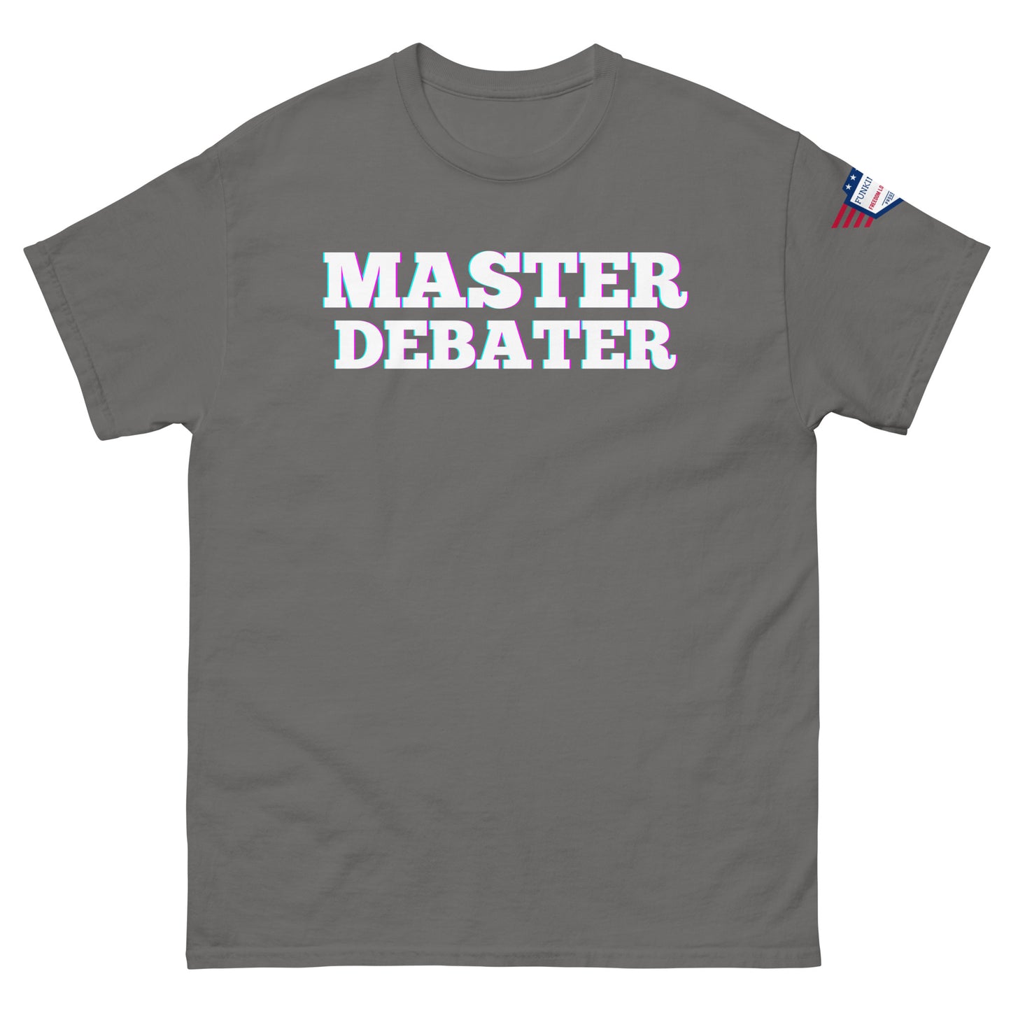 Front view of heather gray unisex tee showing "MASTER DEBATER" glow design and US flag sleeve detail