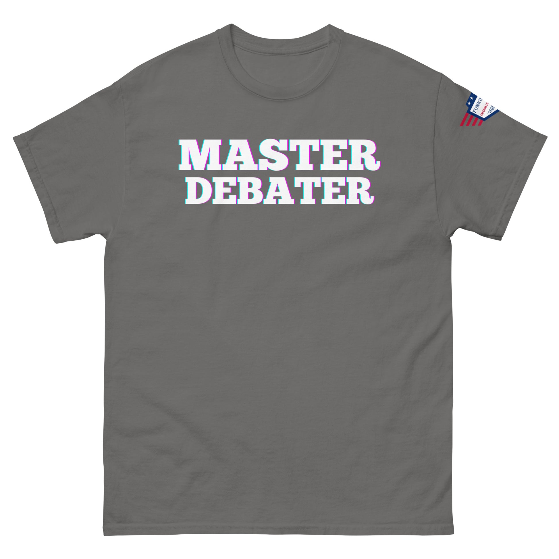 Front view of heather gray unisex tee showing "MASTER DEBATER" glow design and US flag sleeve detail