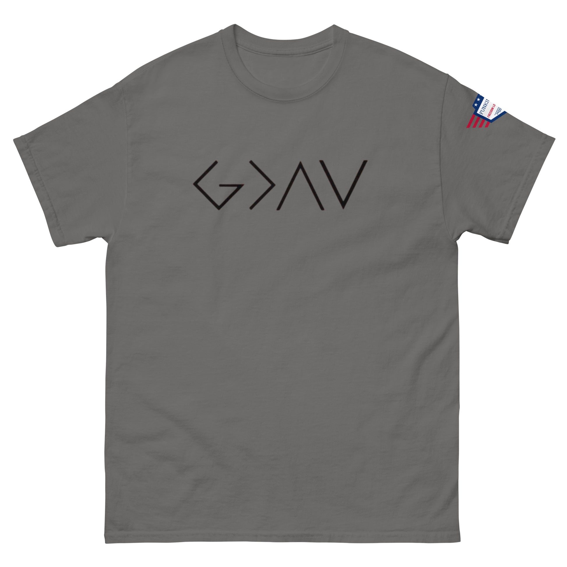 Front view of medium gray unisex t-shirt with bold black "God > All" print and US flag sleeve patch