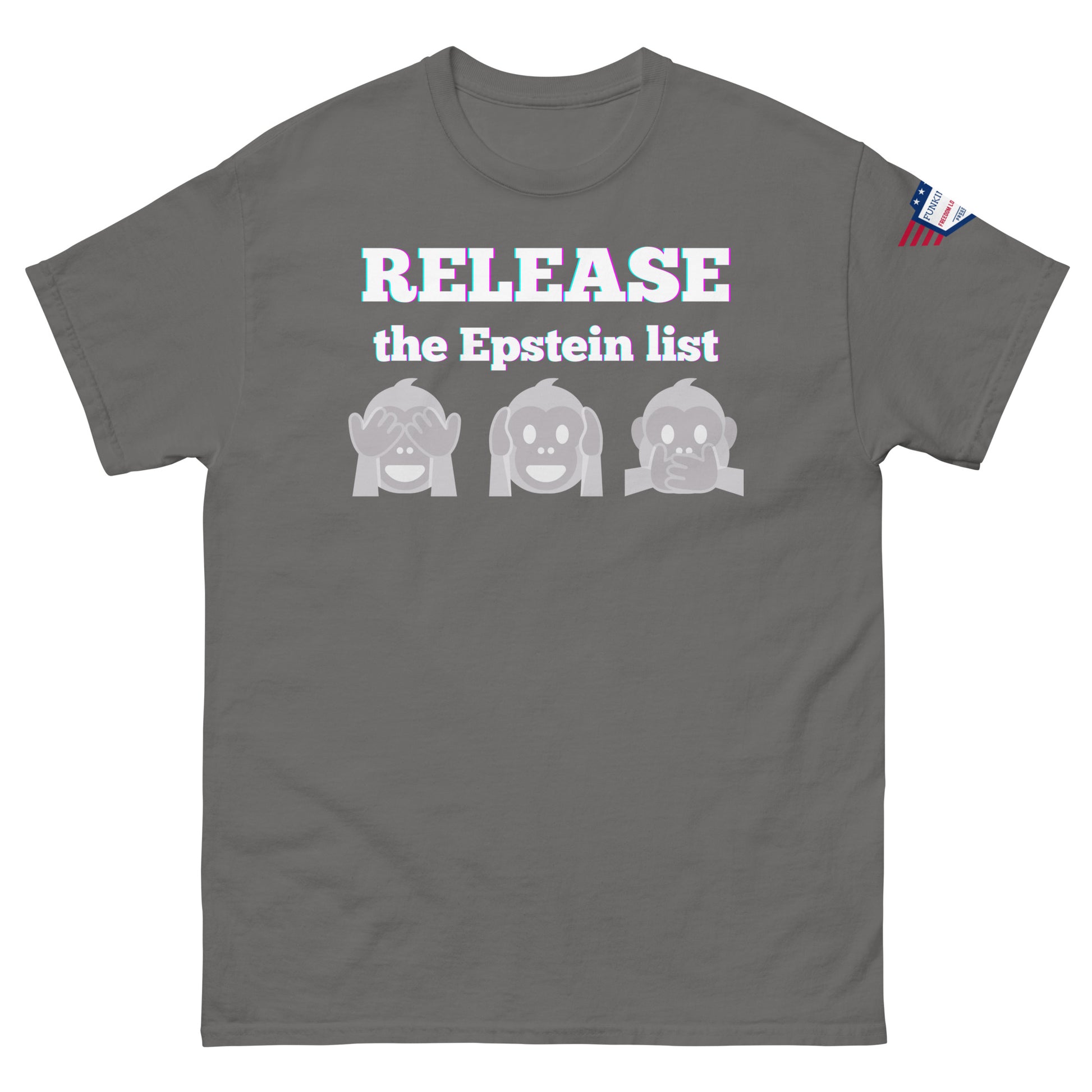 Charcoal gray unisex tee front view, glowing "RELEASE THE EPSTEIN LIST" print with gray monkey emojis, US flag sleeve patch