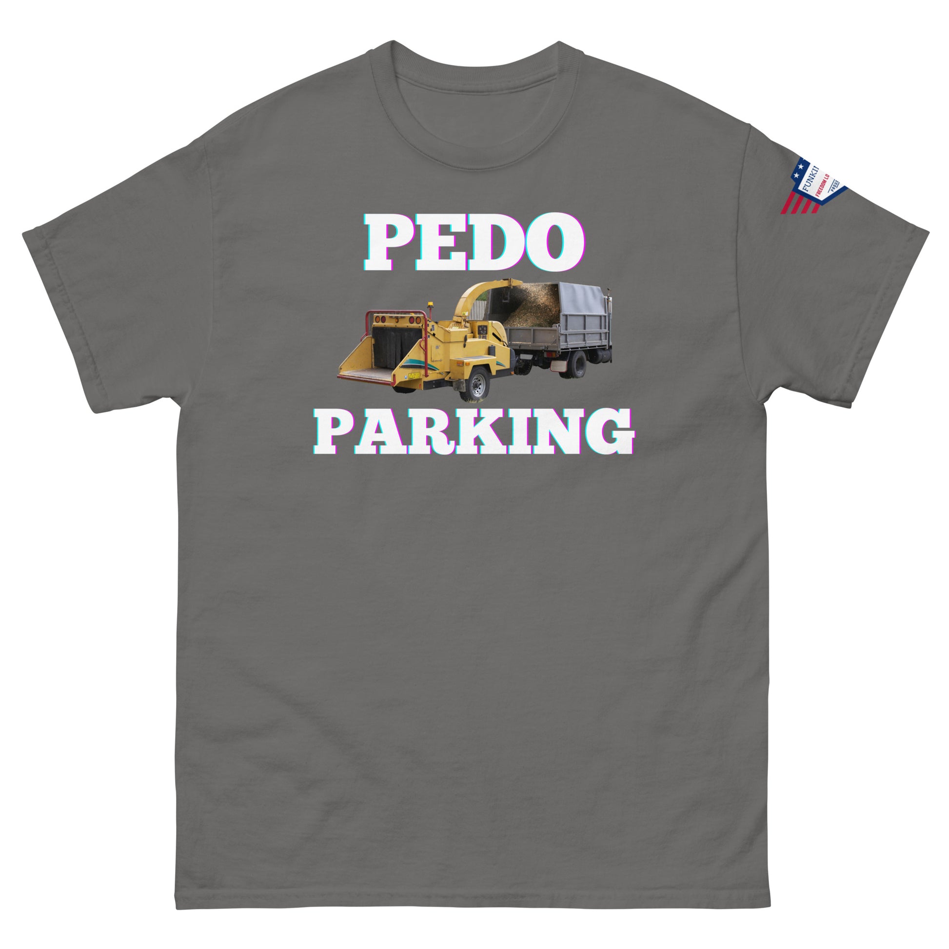 Front view of dark gray tee with glowing "PEDODO PARKING" loader print and USA patch