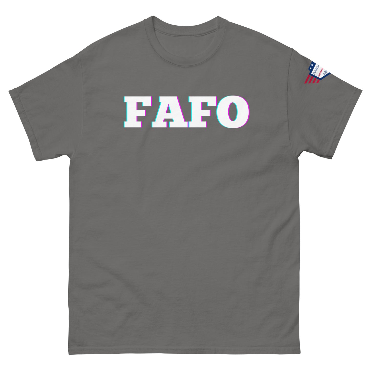 Front view of dark gray unisex t-shirt showing bold "FAFO" print with cyan/magenta glow and flag patch
