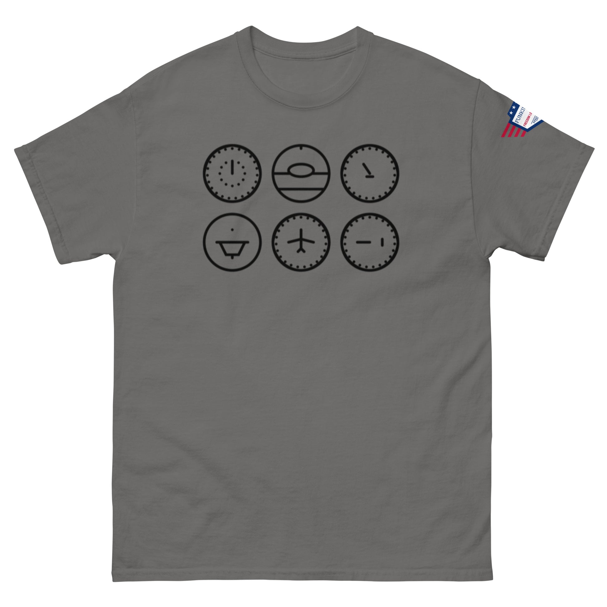Front view of charcoal gray unisex t-shirt with six black line-art clock emojis, US flag label