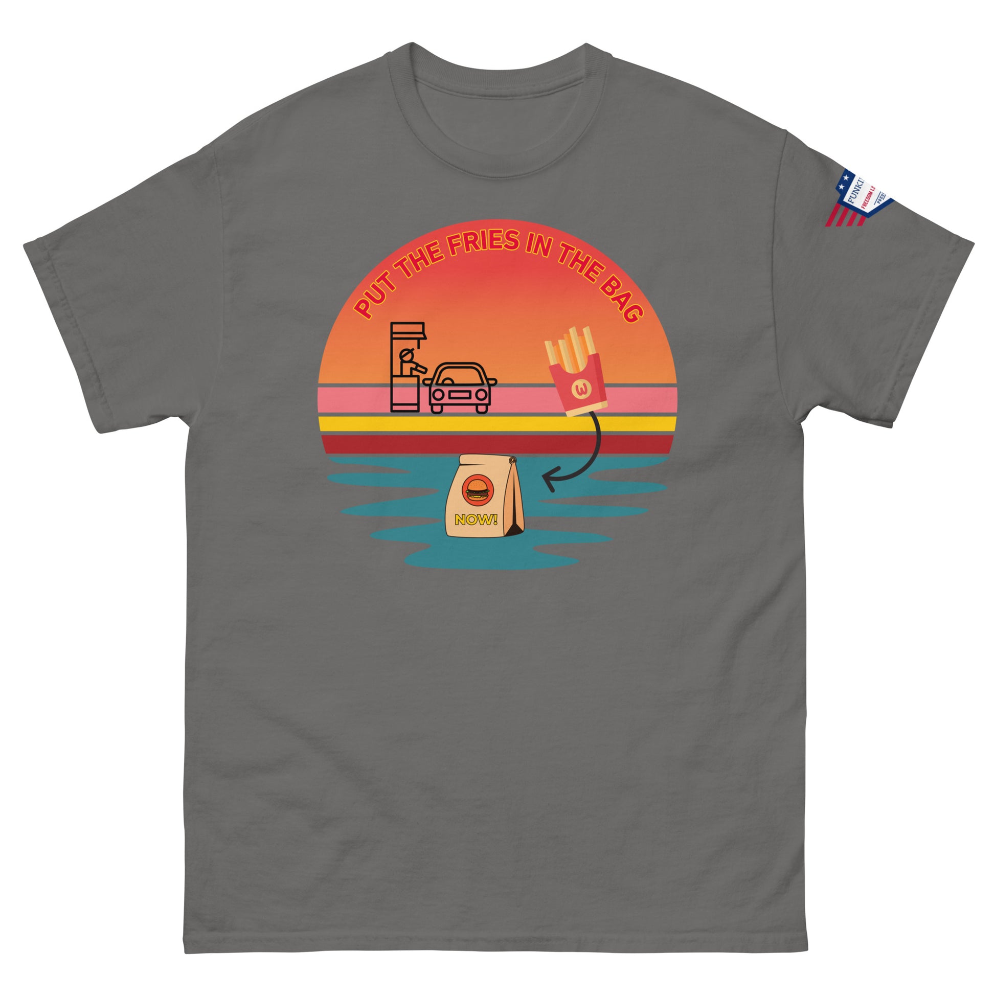 Front view of heather gray unisex T-shirt with "Put the fries in the bag" sunset drive-thru meme and flag sleeve patch