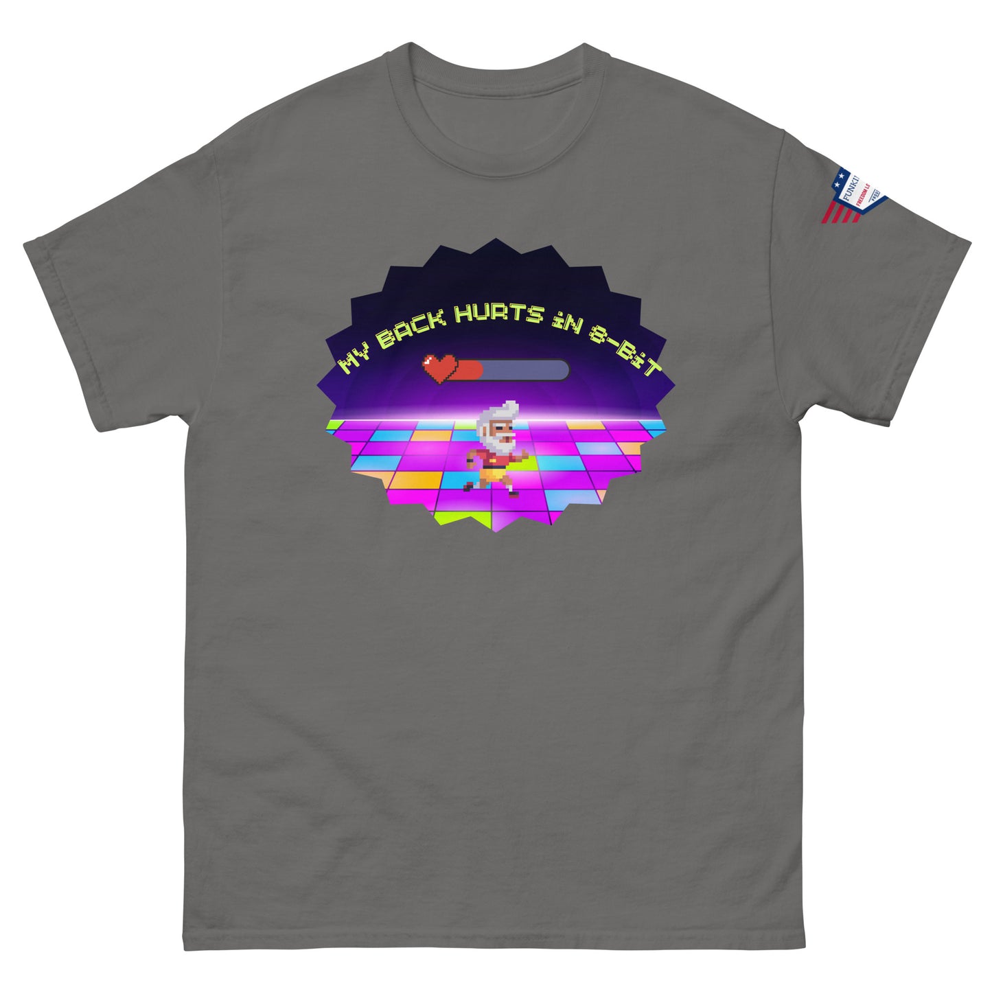Front view of dark gray unisex tee with "My Back Hurts 98%" retro pixel chef on starburst disco floor, USA patch
