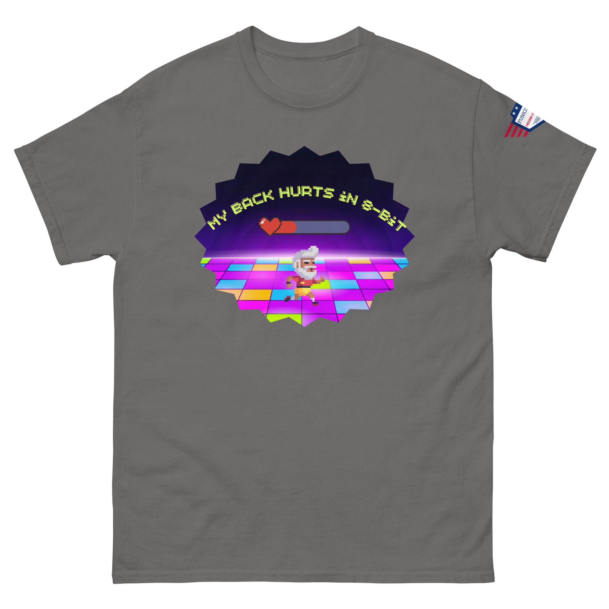 Front view of dark gray unisex tee with "My Back Hurts 98%" retro pixel chef on starburst disco floor, USA patch