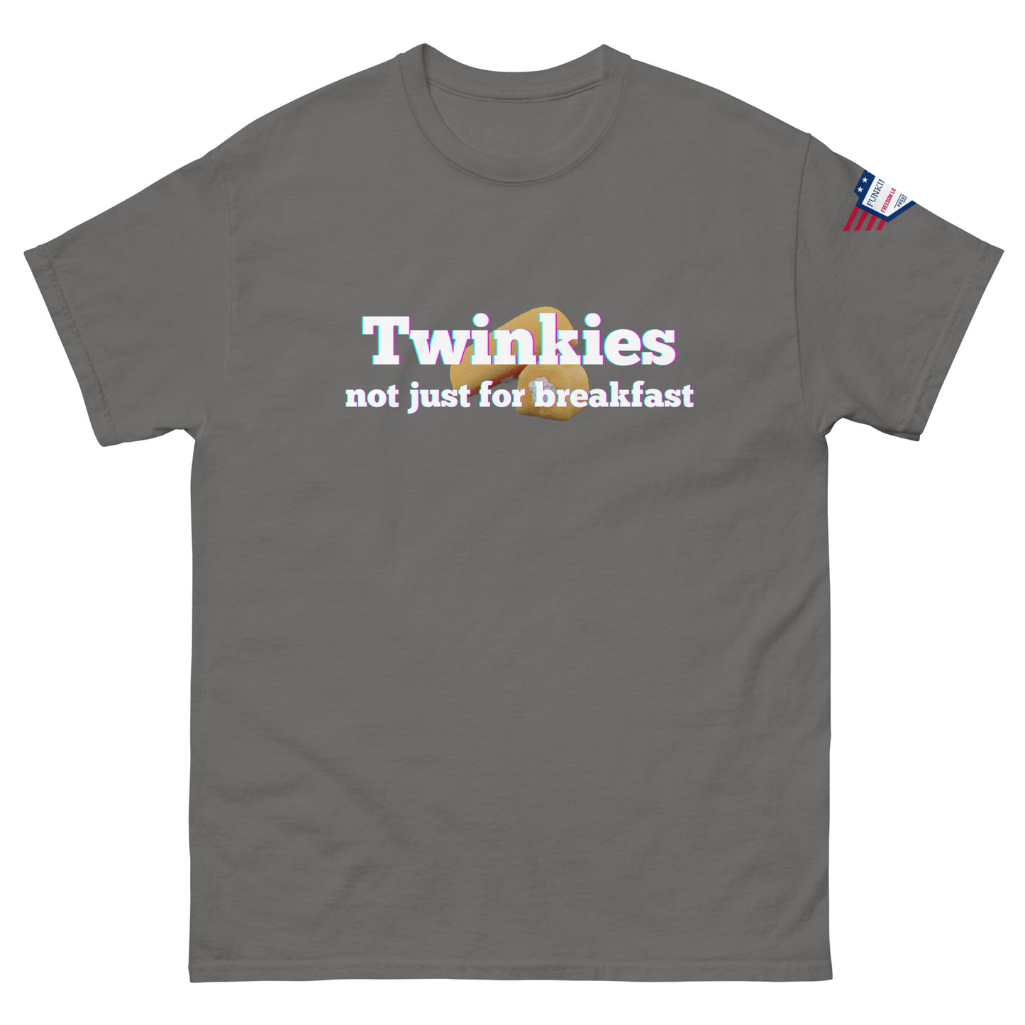 Front view of charcoal gray unisex tee with rainbow "Twinkies" over Twinkie graphic and white "not just for breakfast" text, flag sleeve patch