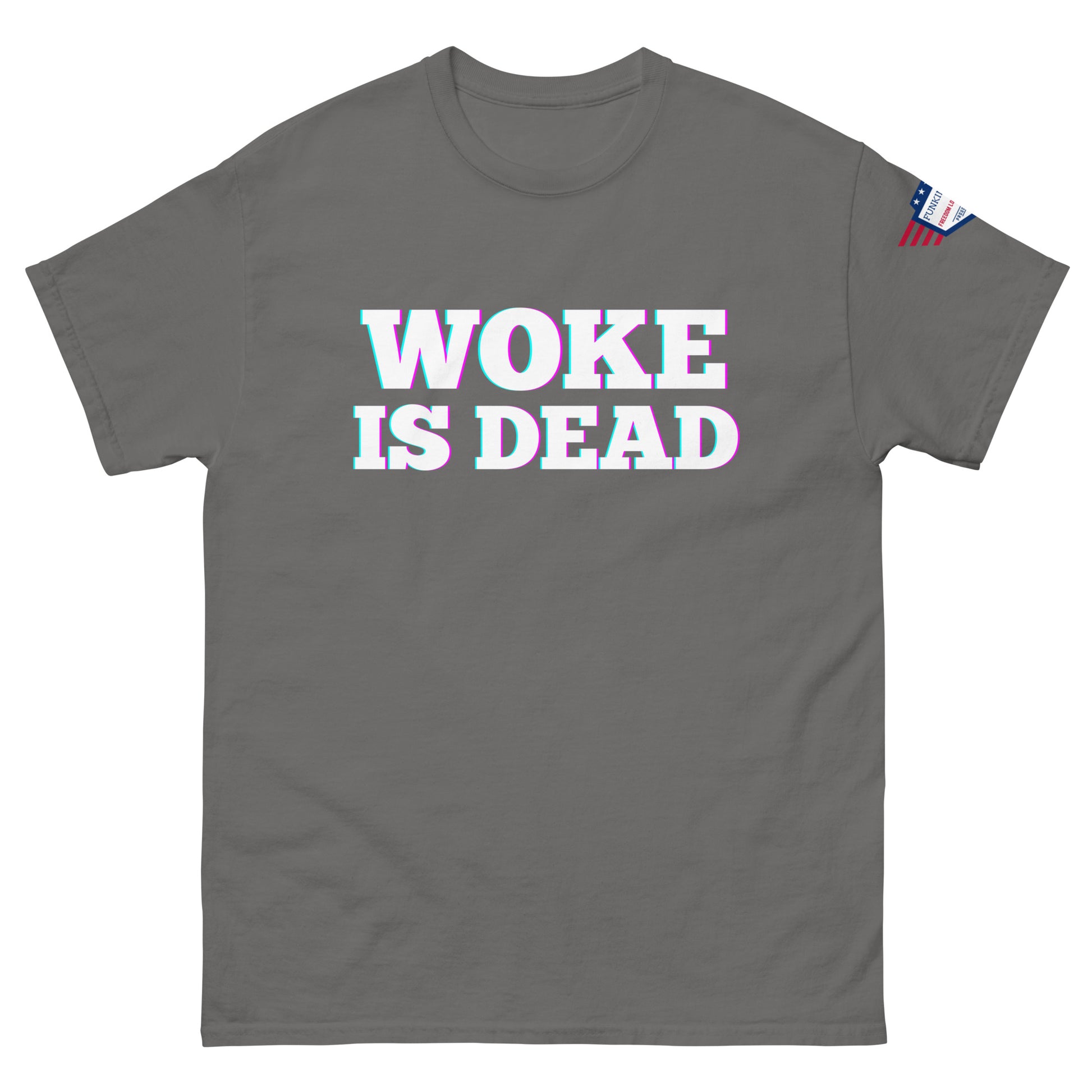 Front view of dark gray unisex tee with bold glitchy "WOKE IS DEAD" white print and US flag sleeve