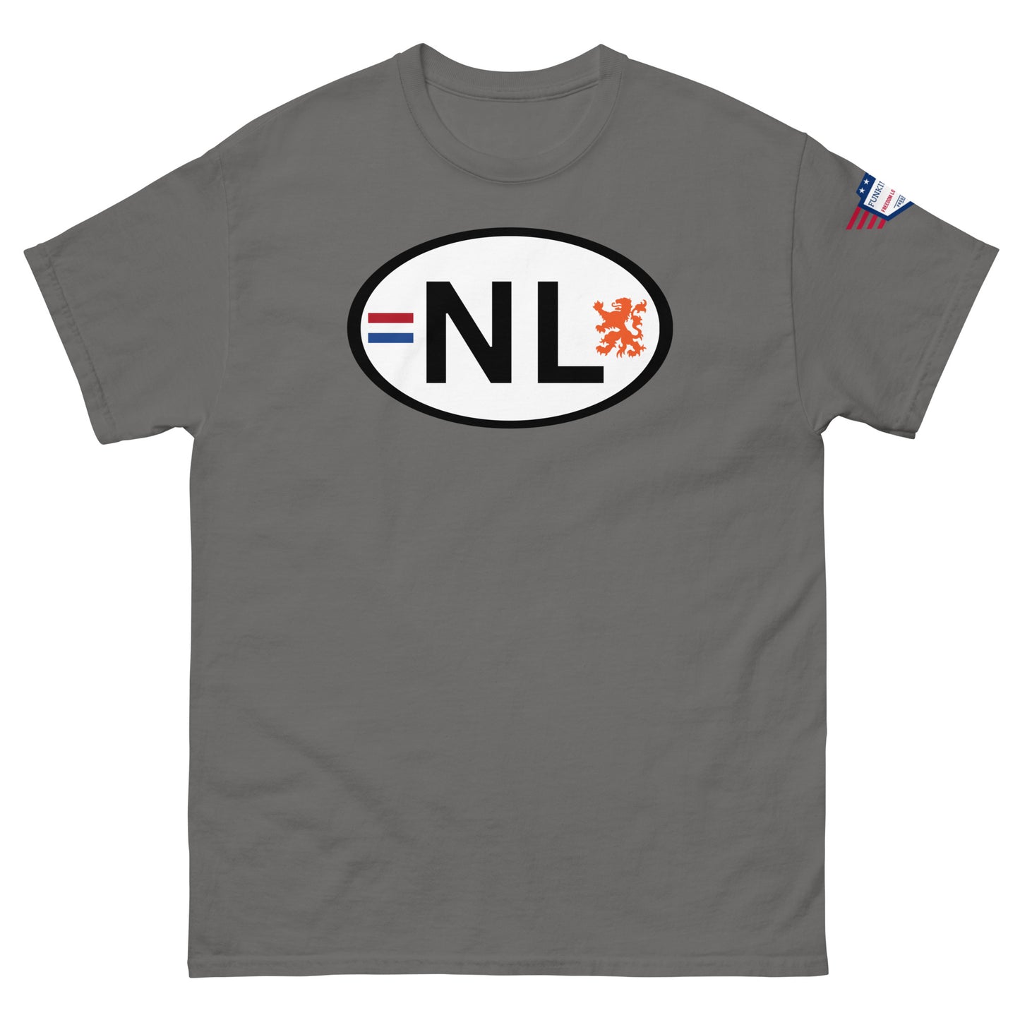 Front view of charcoal gray unisex tee with bold white NL lion license plate print, flag on sleeve