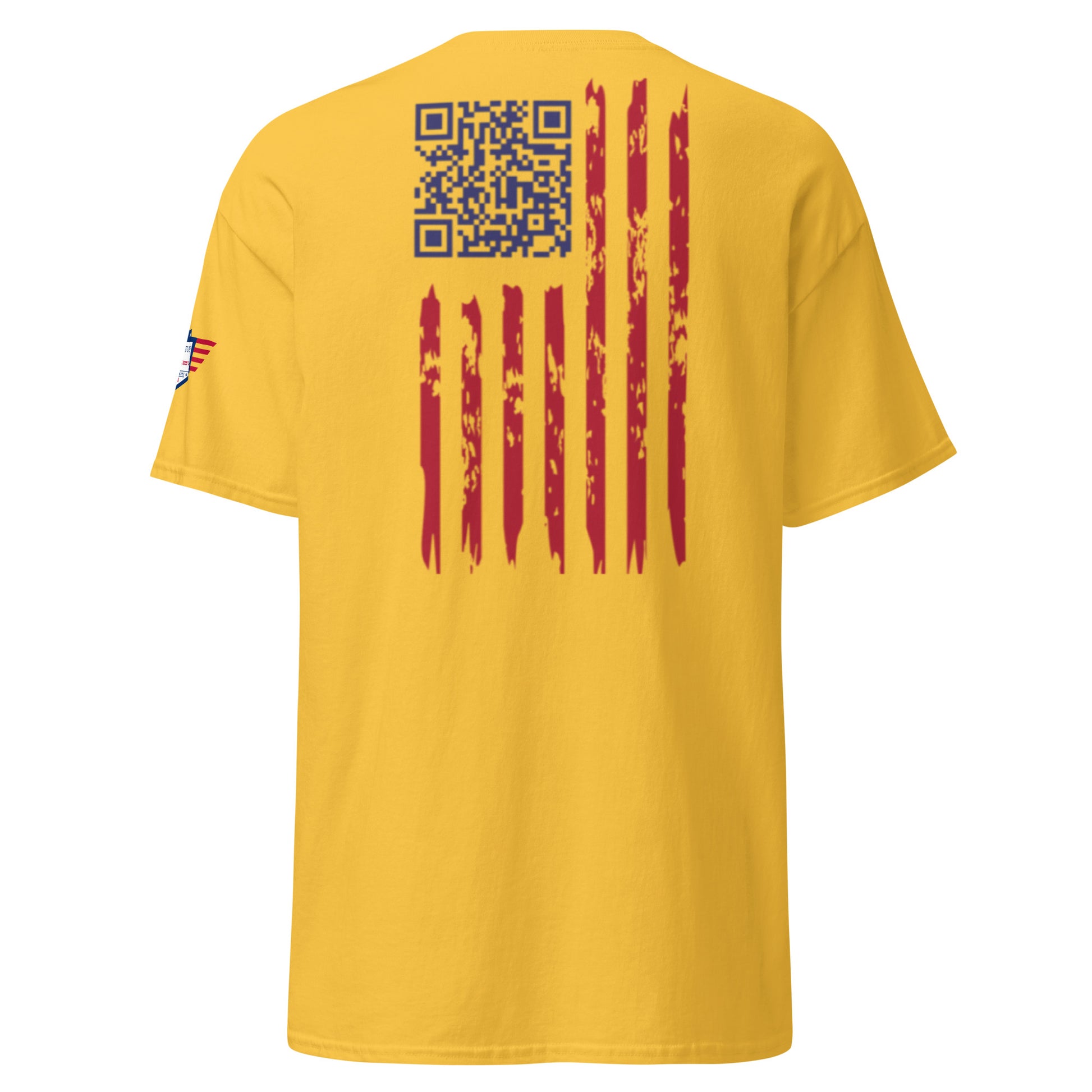 Back view yellow unisex t-shirt with QR code, distressed red flag stripes, eagle USA sleeve patch