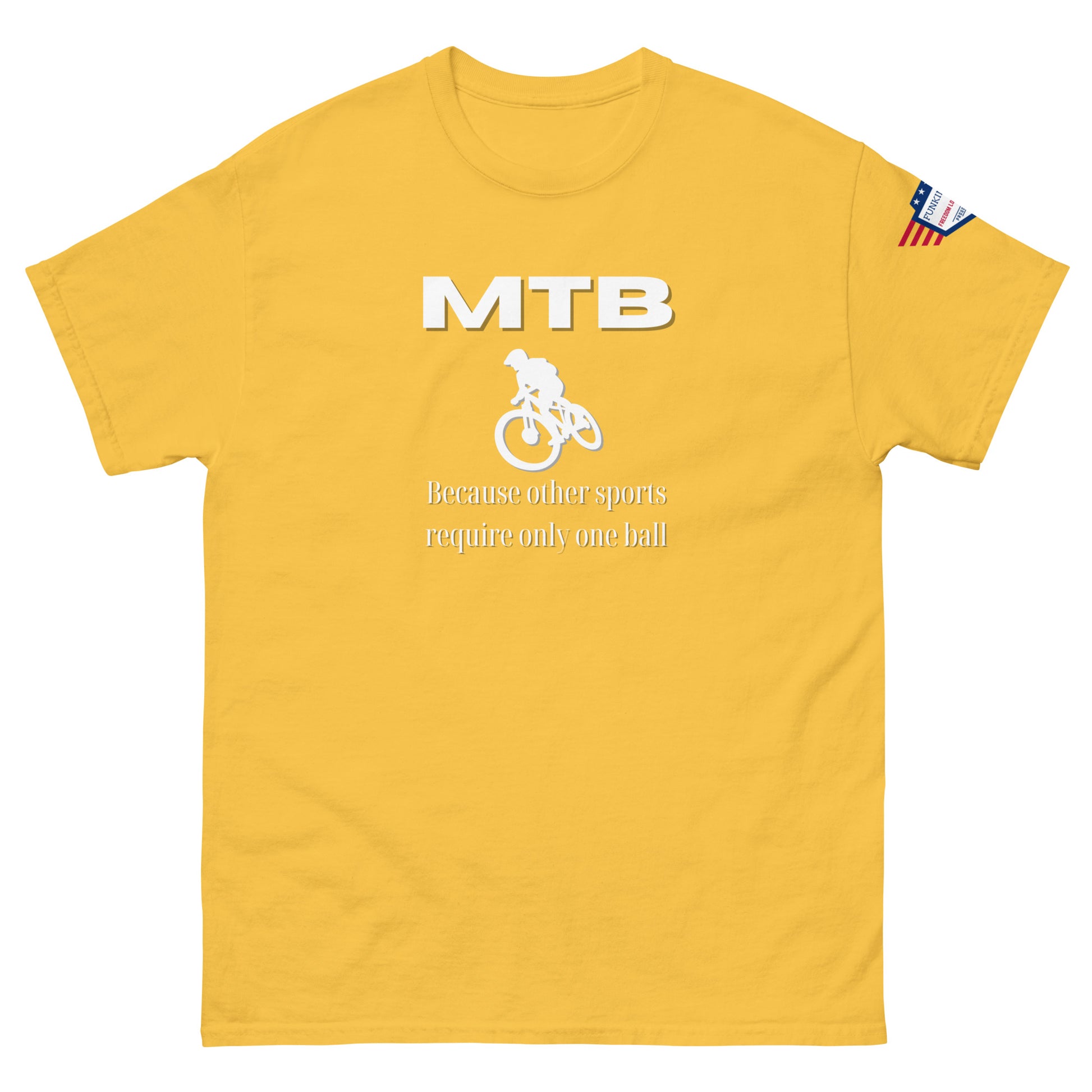 Front view of yellow unisex t-shirt boasting white "MTB", jumping bike icon, "Because other sports require only one ball" quip, flag on sleeve