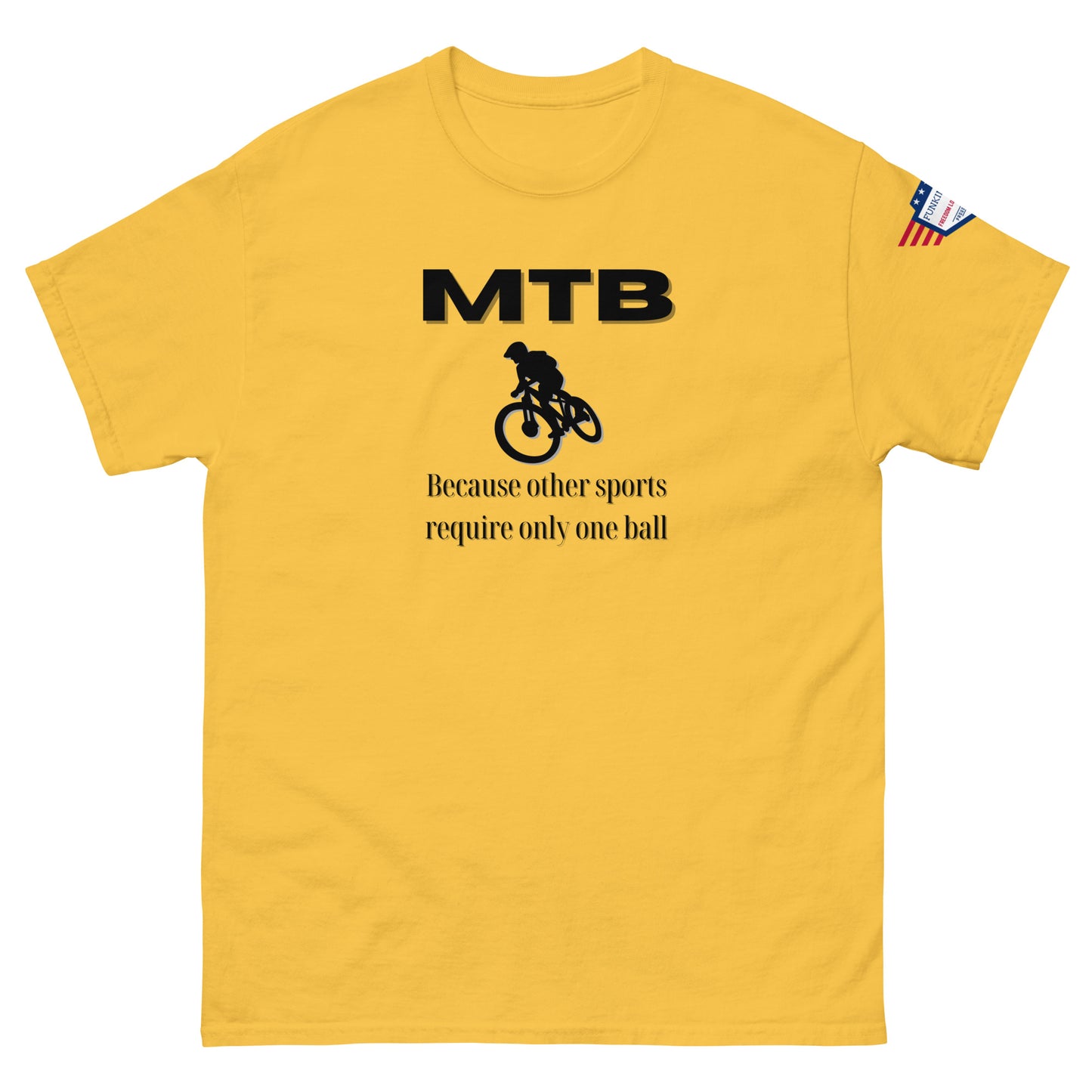 Front view of yellow unisex tee with black "MTB Because other sports require only one ball" meme print, biker silhouette, USA flag sleeve patch