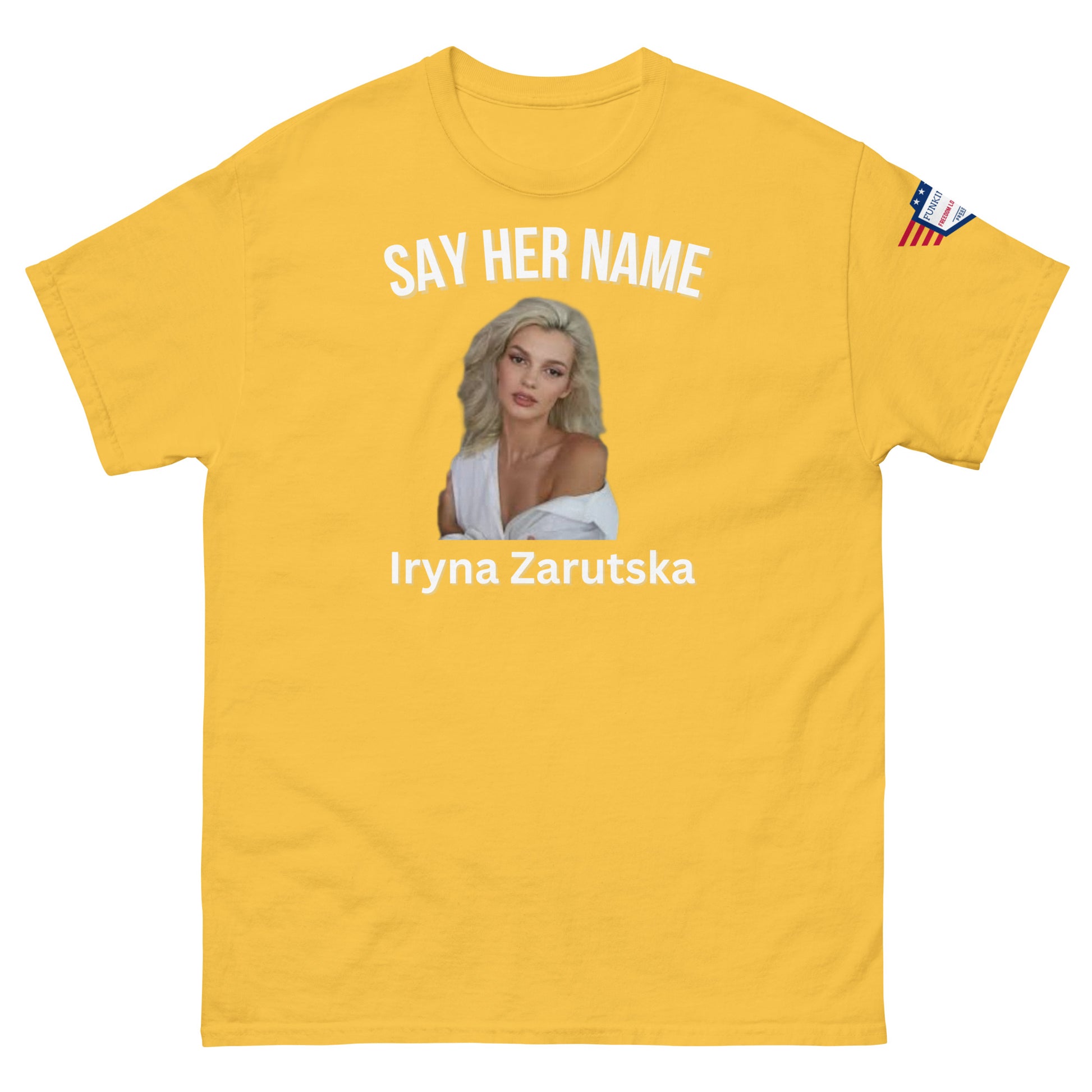 Front view of yellow "SAY HER NAME" meme tee with Iryna Zaruska portrait, USA sleeve patch