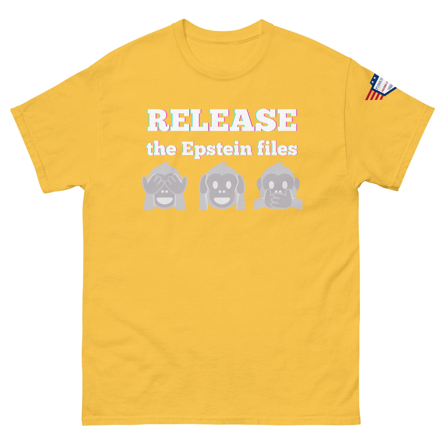 Front view of mustard yellow unisex t-shirt sporting "RELEASE the Epstein files" print, gray monkeys, shoulder flag