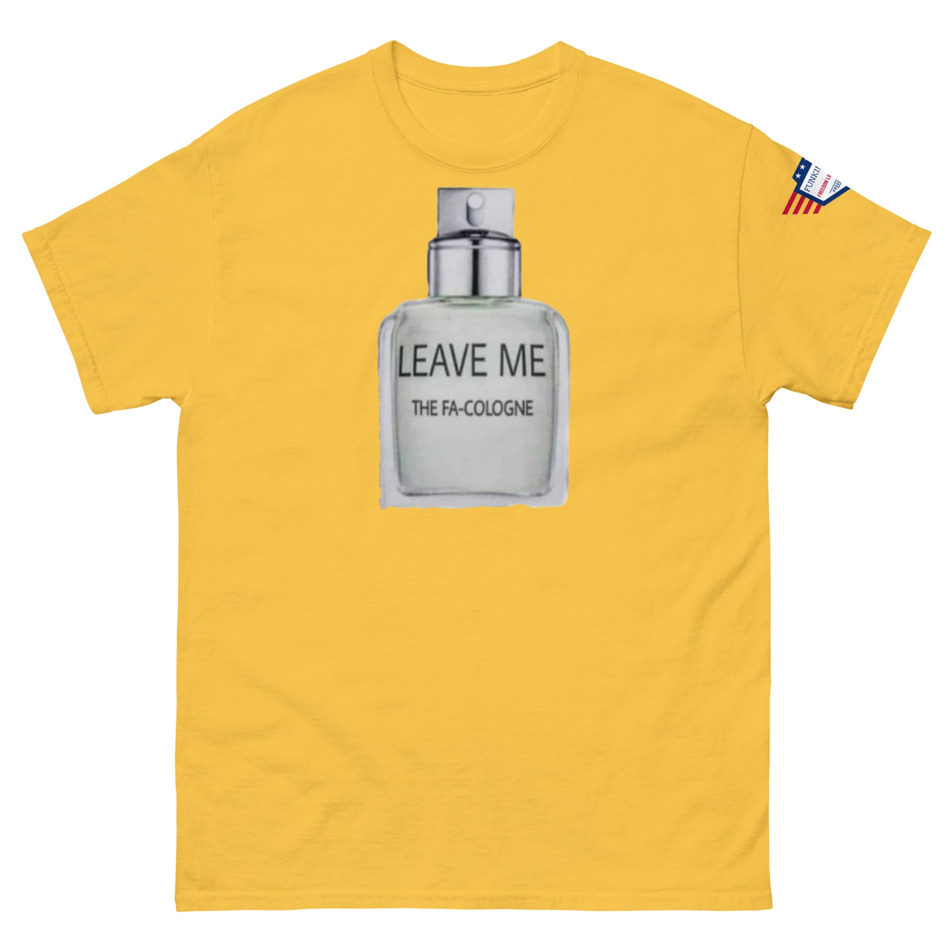 Front view of yellow unisex tee displaying "Leave Me The Fa Cologne" silver bottle meme, USA flag sleeve