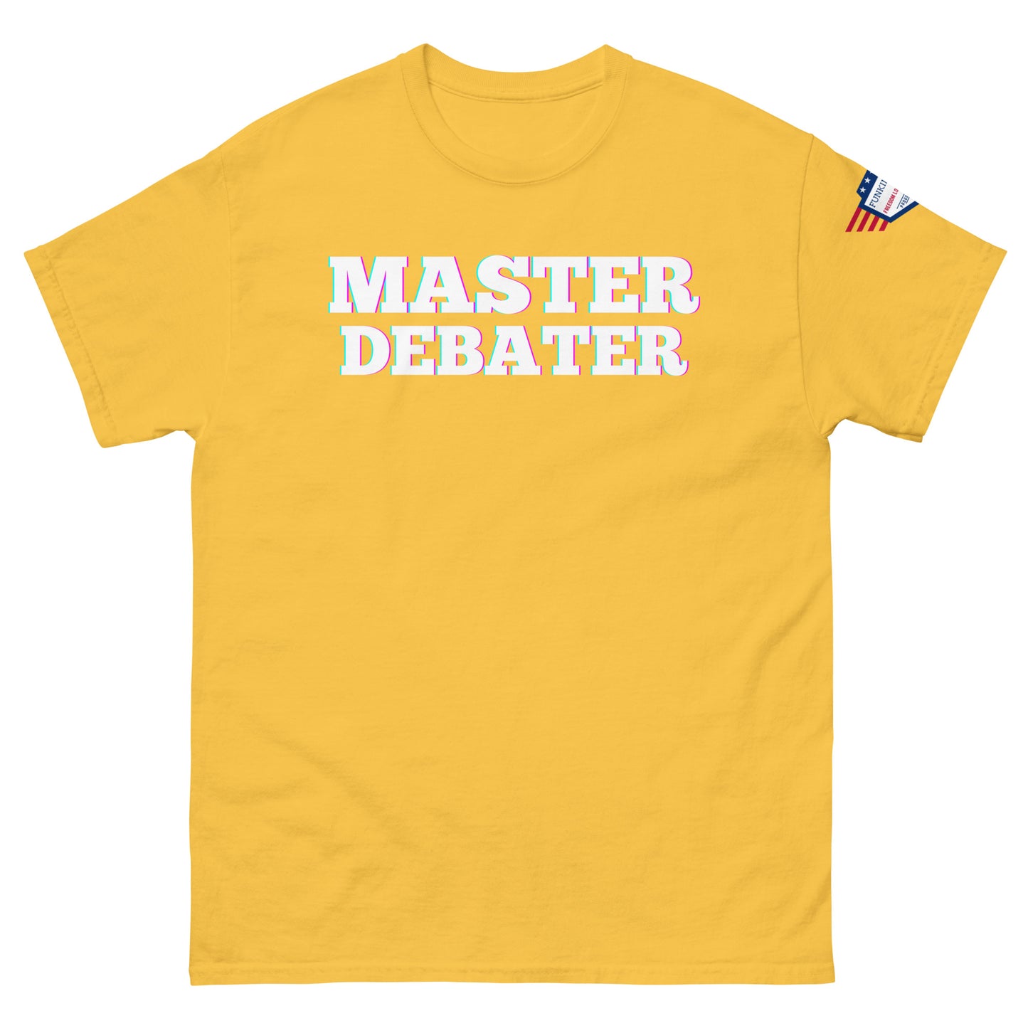 Front view of sunny yellow unisex tee with bold glowing "MASTER DEBATER" text and US flag patch
