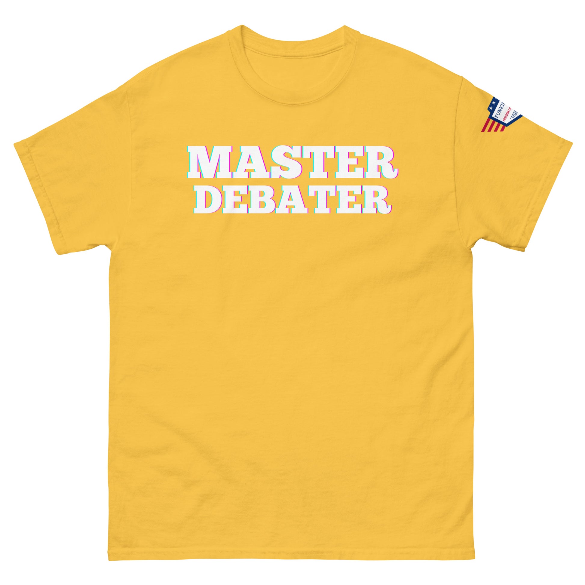 Front view of sunny yellow unisex tee with bold glowing "MASTER DEBATER" text and US flag patch
