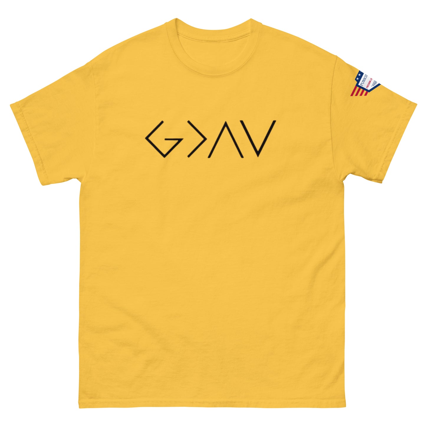 Front view of yellow unisex t-shirt with bold black "God > All" print and US flag sleeve patch
