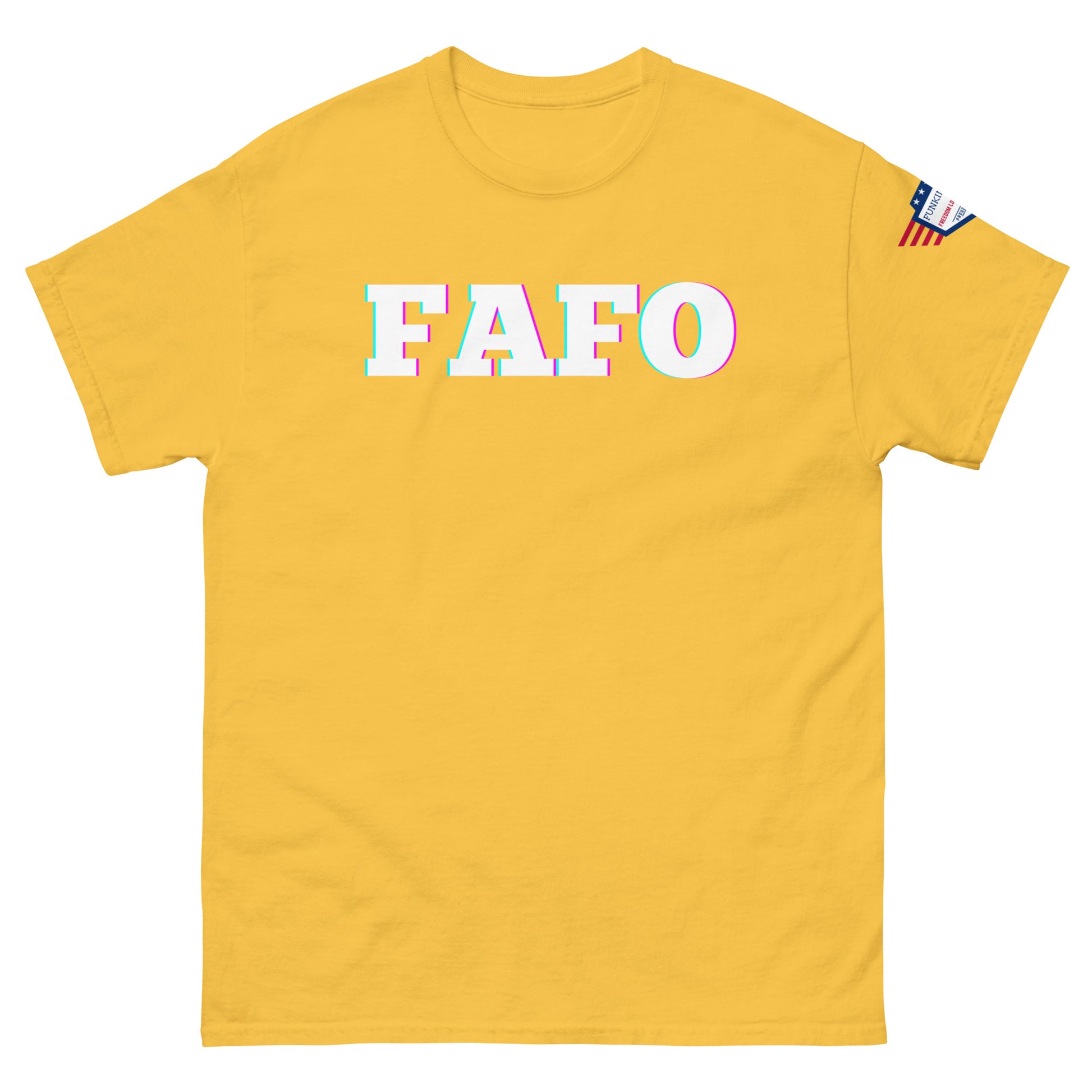 Front view of yellow unisex t-shirt with glitch-effect "FAFO" in white/cyan/magenta and flag sleeve patch