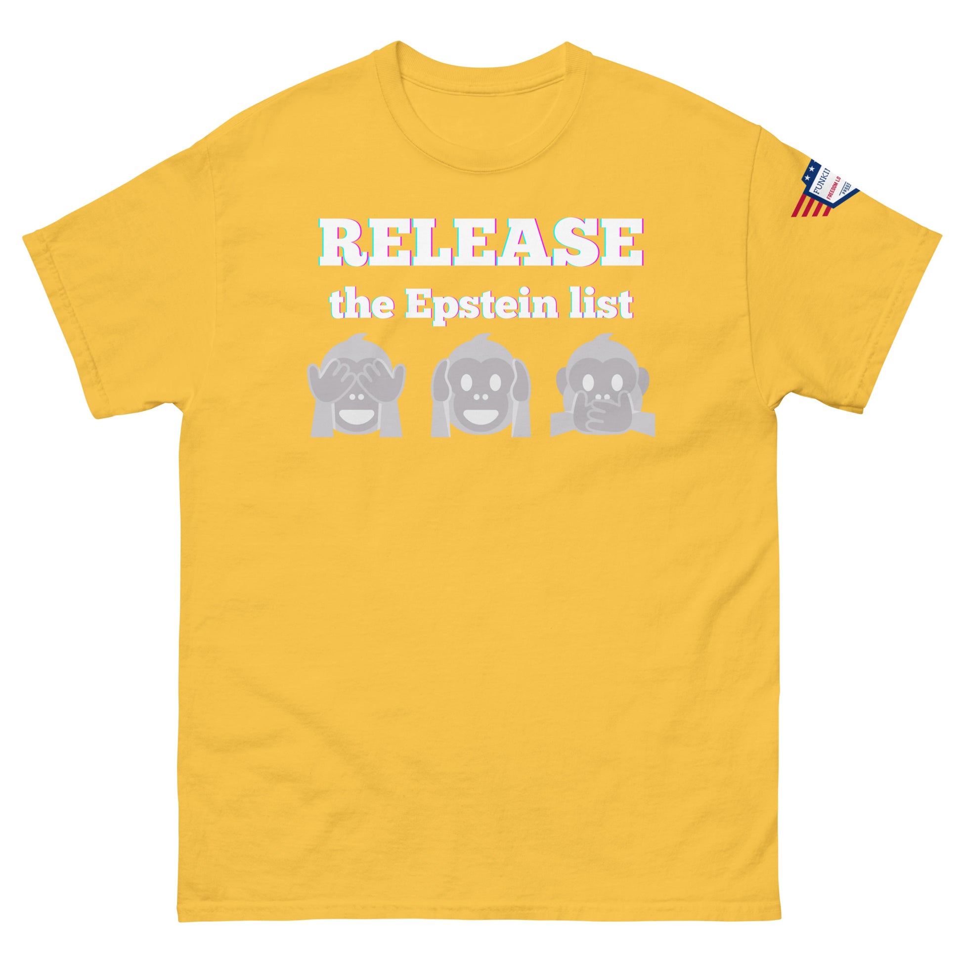 Yellow unisex tee front view, glowing "RELEASE THE EPSTEIN LIST" print with gray monkey emojis, US flag sleeve patch