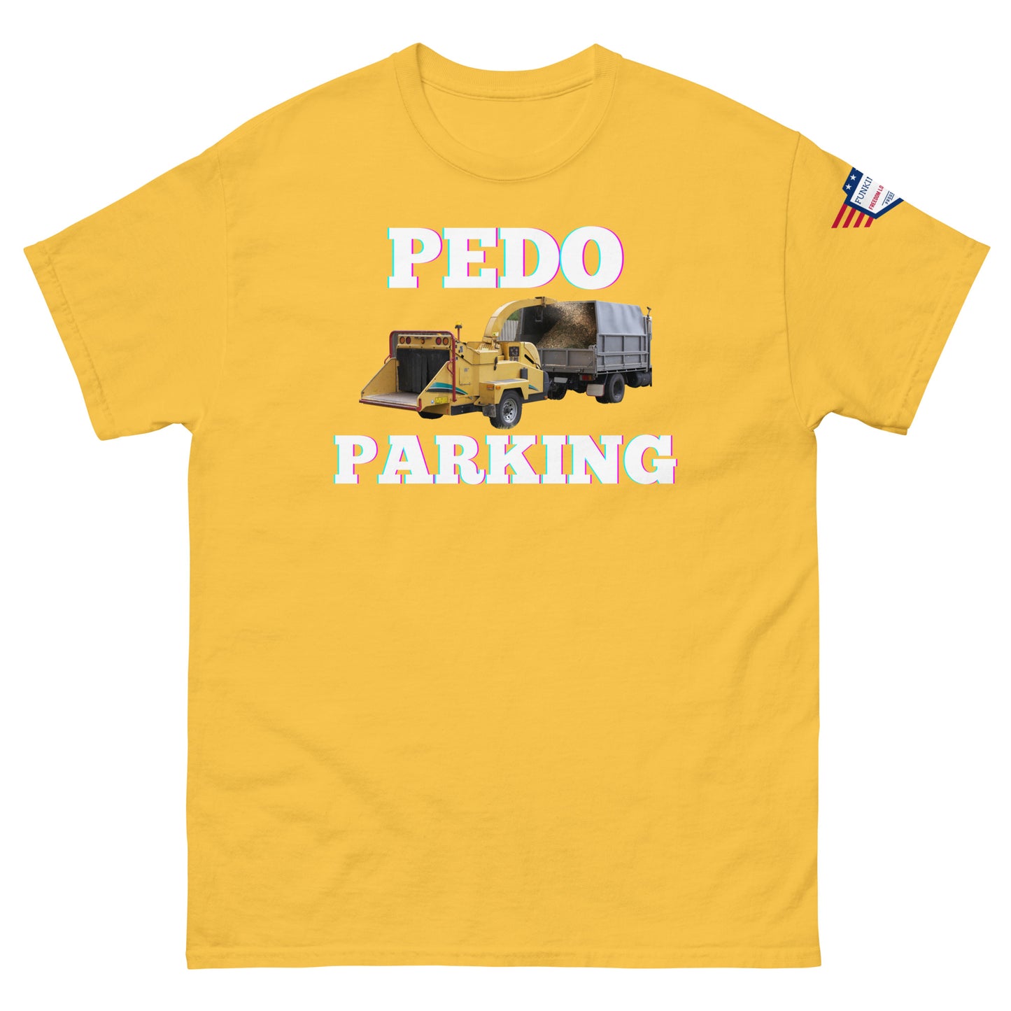 Front view of yellow tee blasting "PEDODO PARKING" truck graphic and flag sleeve detail