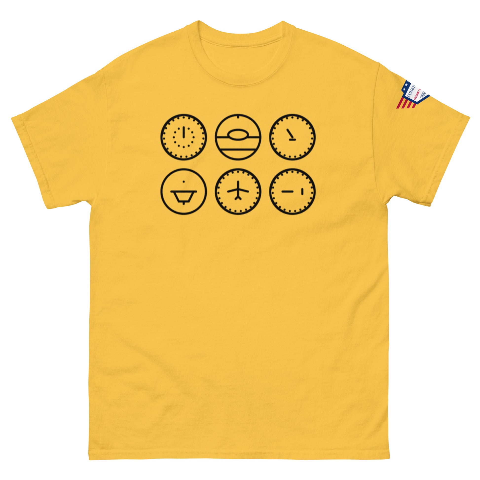 Front view of yellow unisex t-shirt rocking six black stylized clock faces, flag sleeve tag