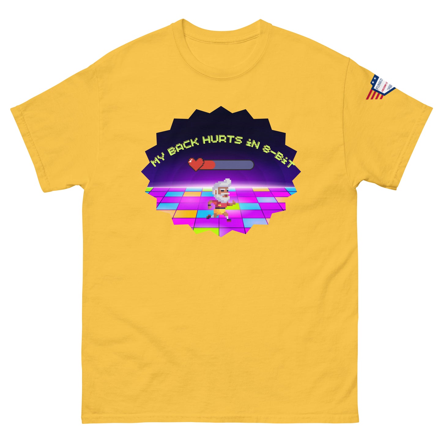 Front view of yellow unisex tee rocking "My Back Hurts 98%" vaporwave chef meme and USA sleeve flag