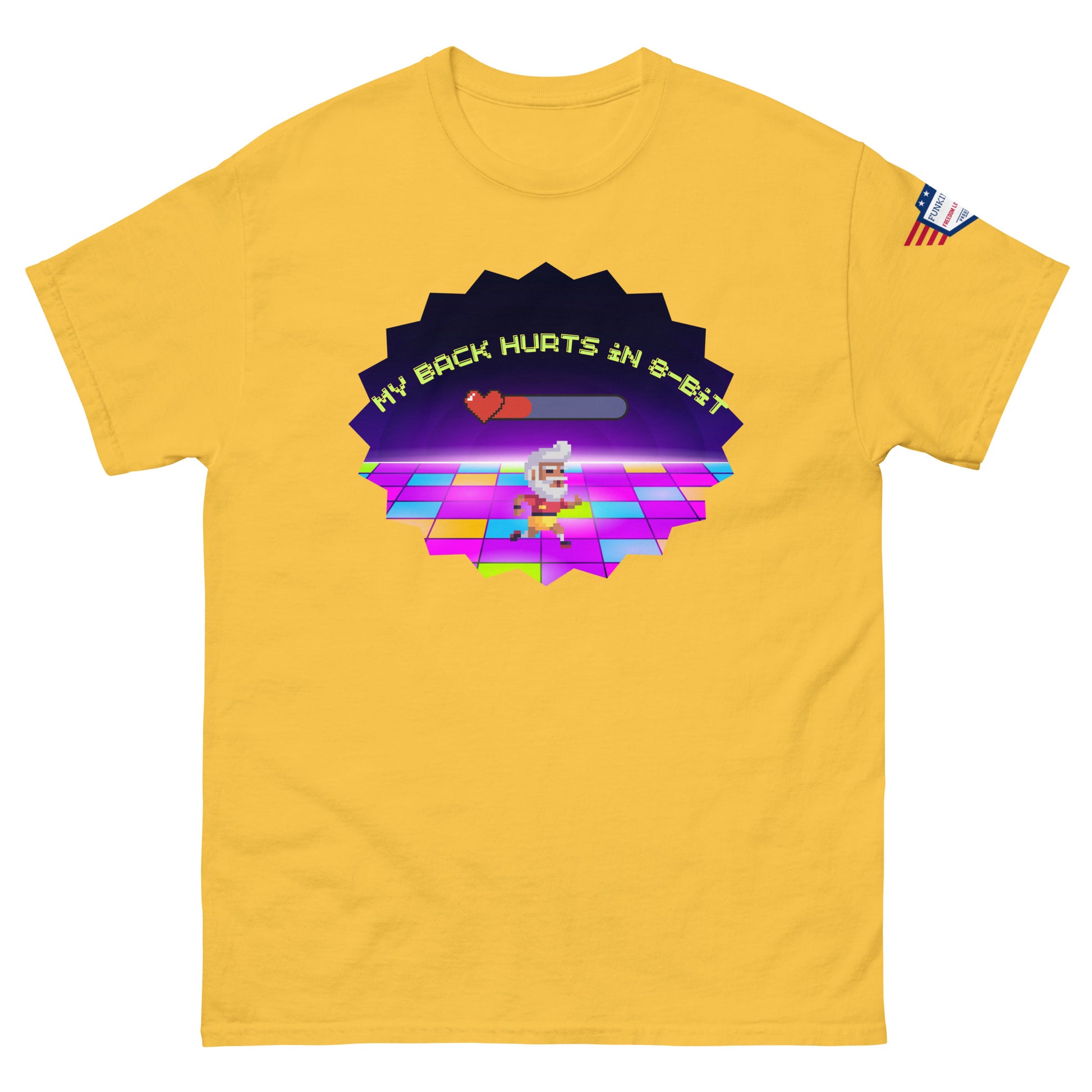 Front view of yellow unisex tee rocking "My Back Hurts 98%" vaporwave chef meme and USA sleeve flag