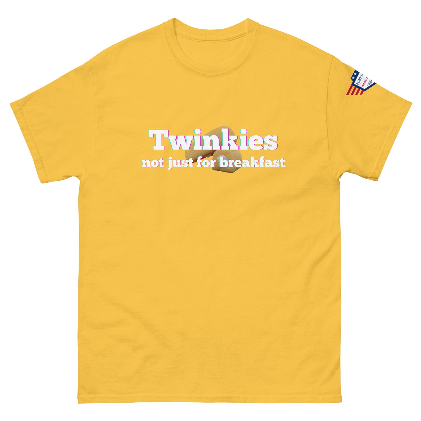 Front view of yellow unisex tee with rainbow "Twinkies" over Twinkie graphic and white "not just for breakfast" text, flag sleeve patch
