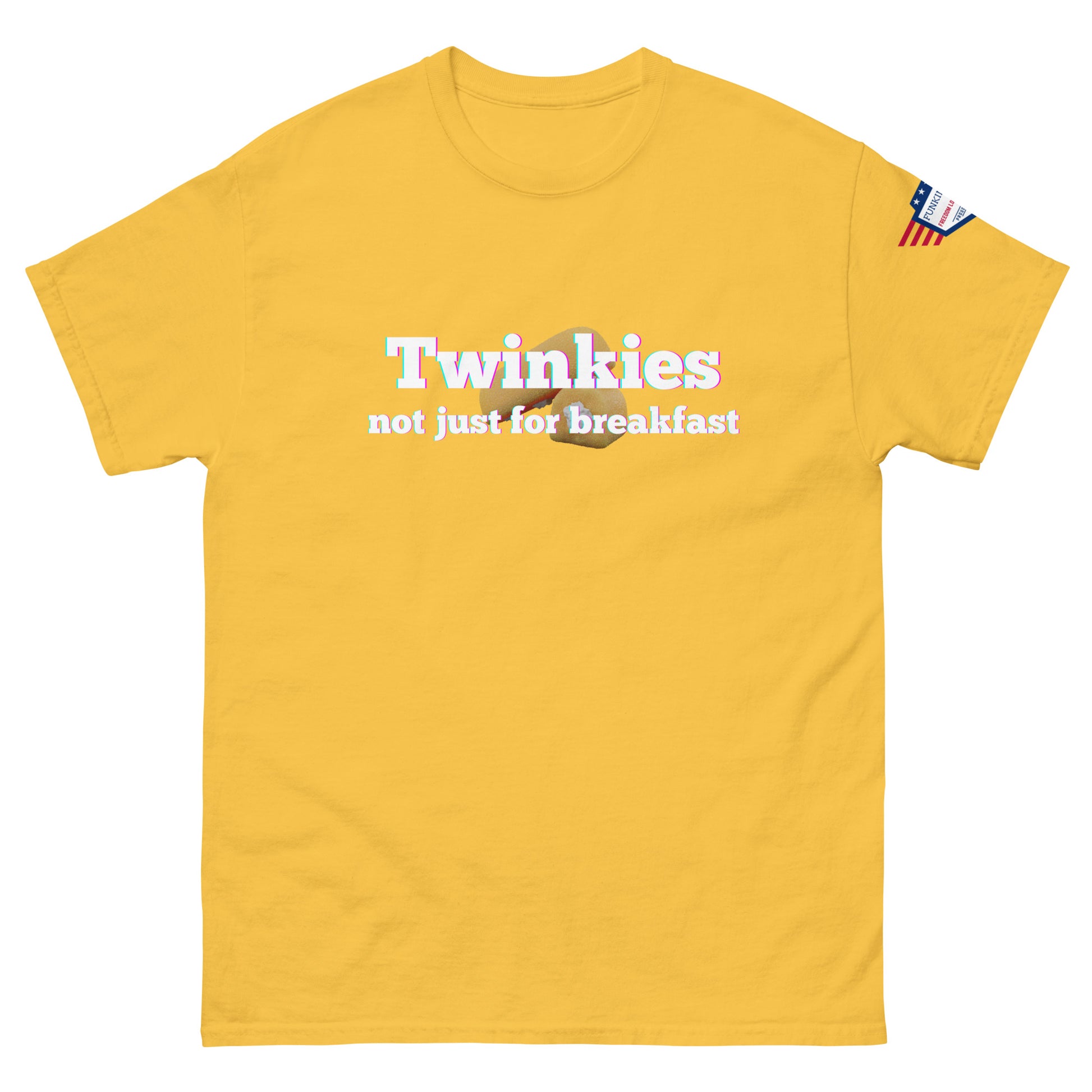 Front view of yellow unisex tee with rainbow "Twinkies" over Twinkie graphic and white "not just for breakfast" text, flag sleeve patch