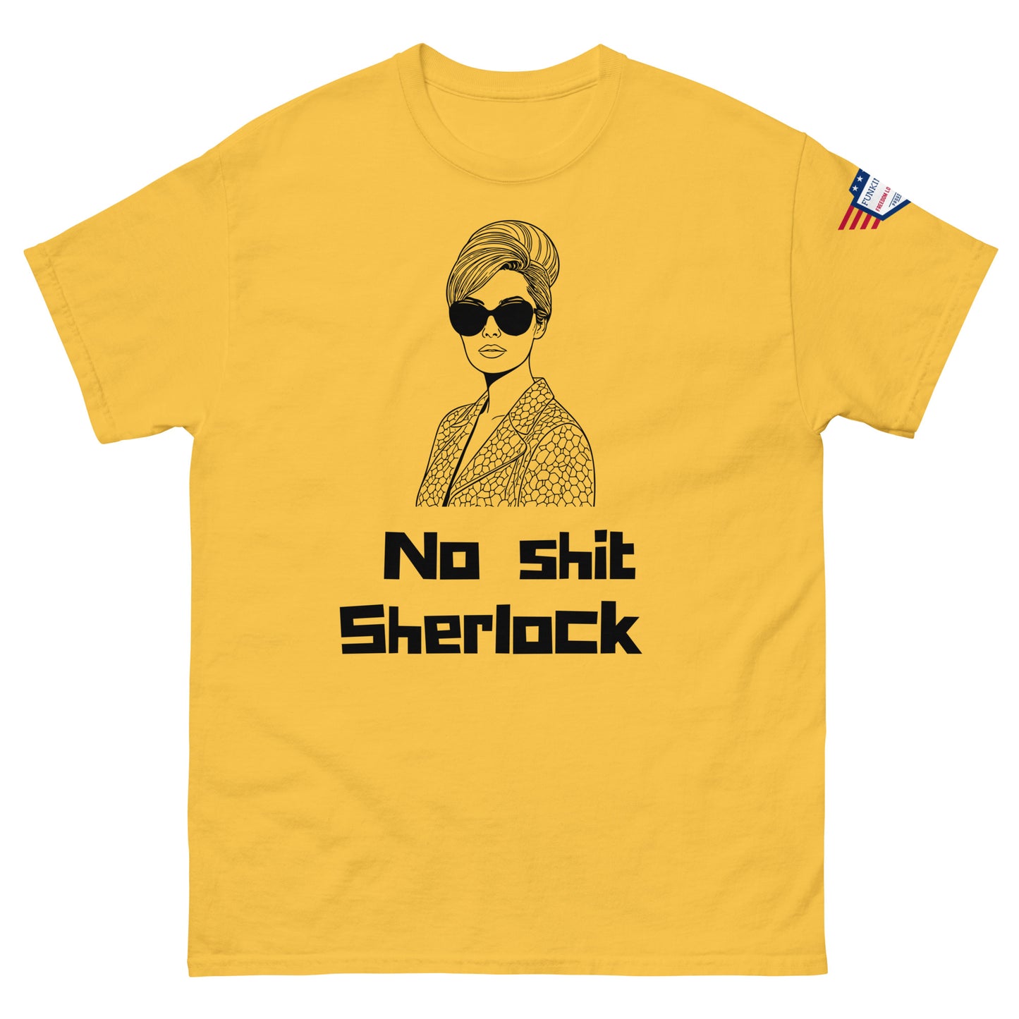 Front view of sunny yellow unisex tee flaunting shady portrait and "No shit Sherlock"