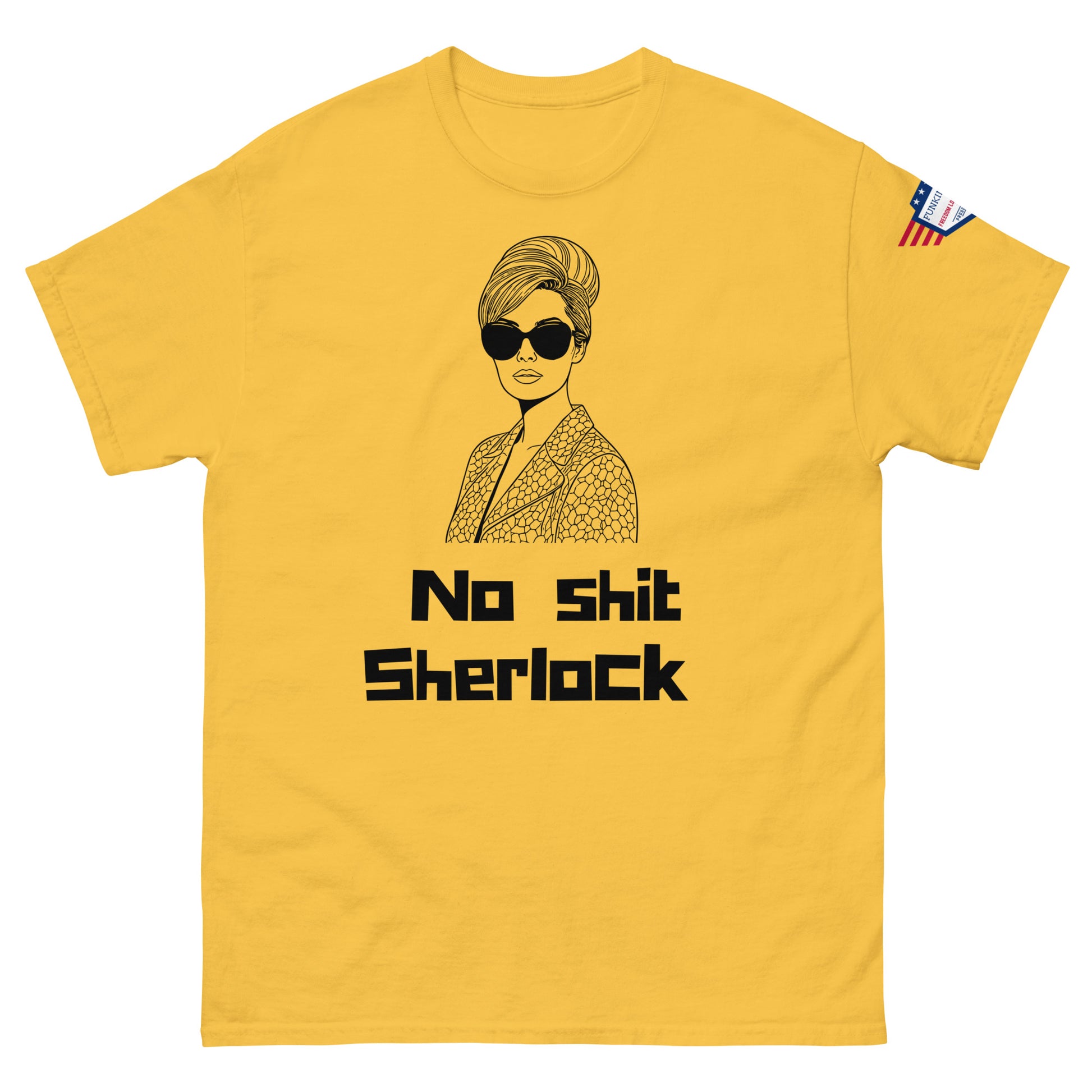 Front view of sunny yellow unisex tee flaunting shady portrait and "No shit Sherlock"