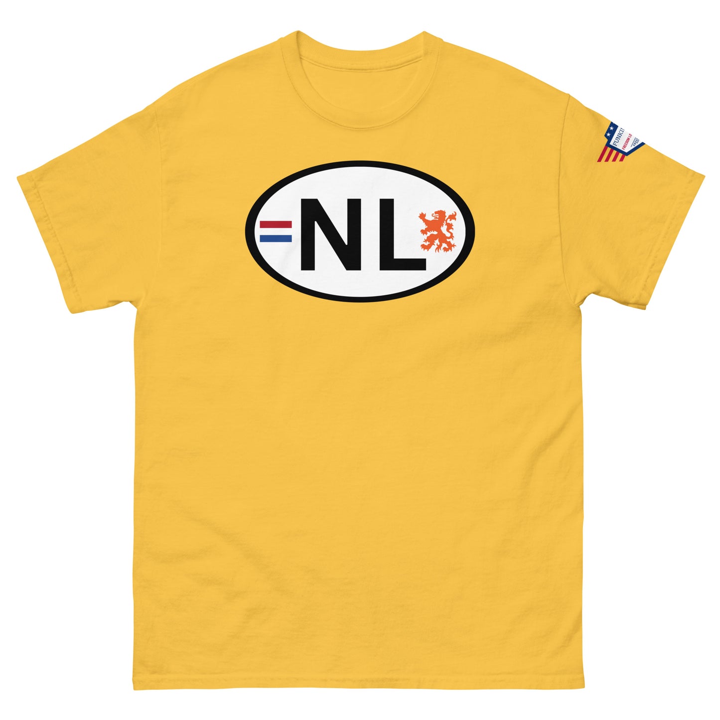 Front view of sunny yellow unisex tee flexing white oval NL Dutch lion emblem, USA patch detail