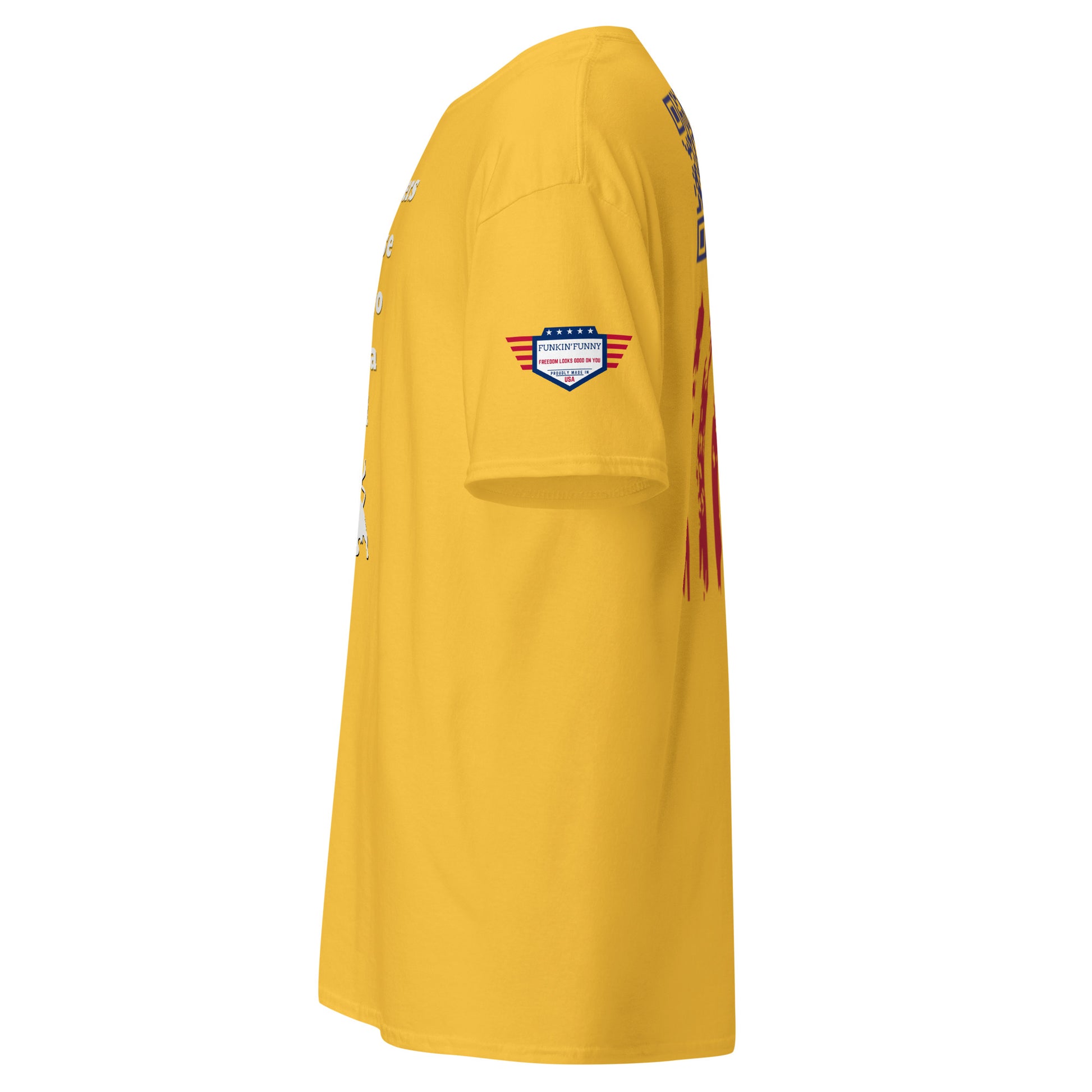 Right side view yellow unisex t-shirt showing eagle USA sleeve patch and back flag stripes