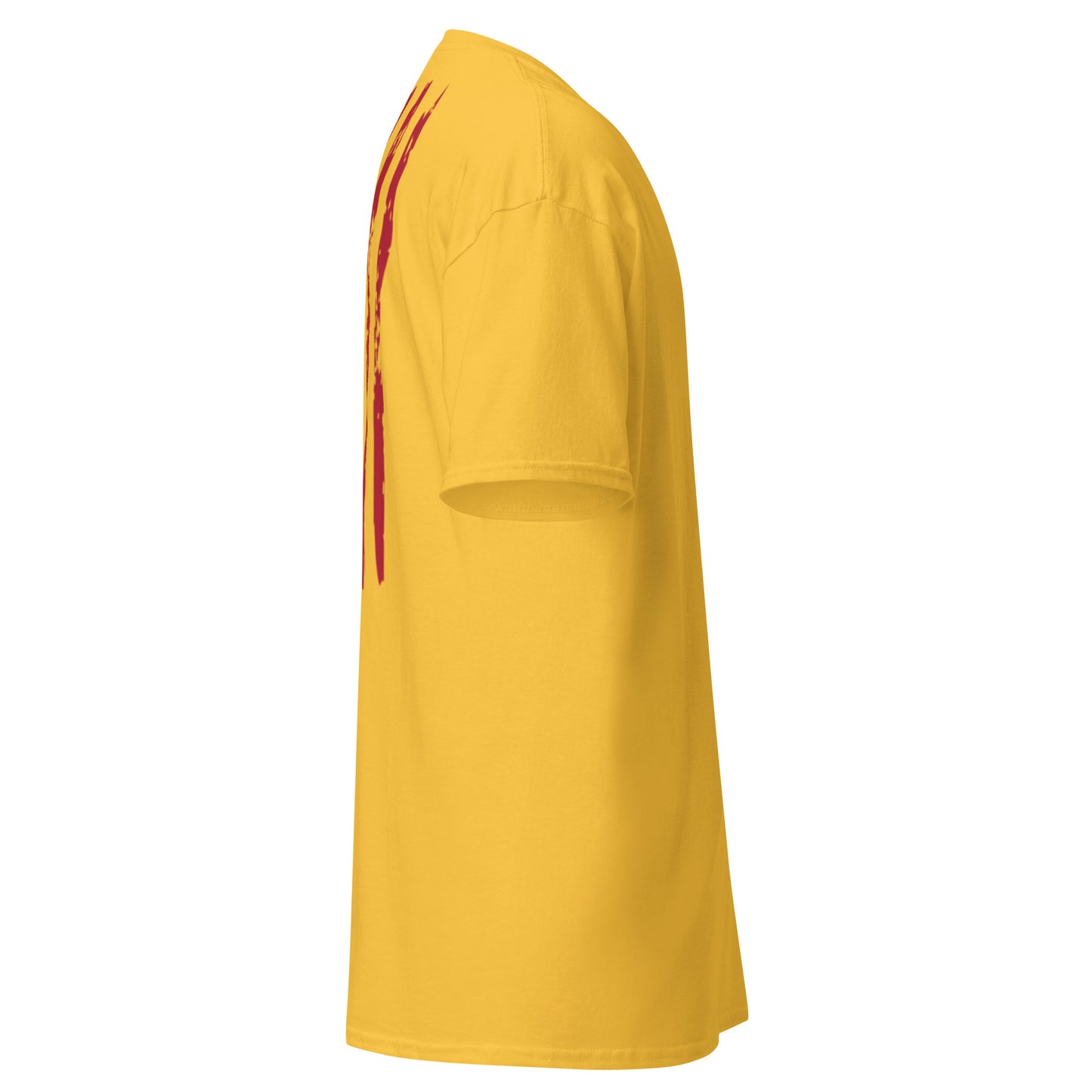 Left side view yellow unisex t-shirt with distressed red flag stripes trailing down back