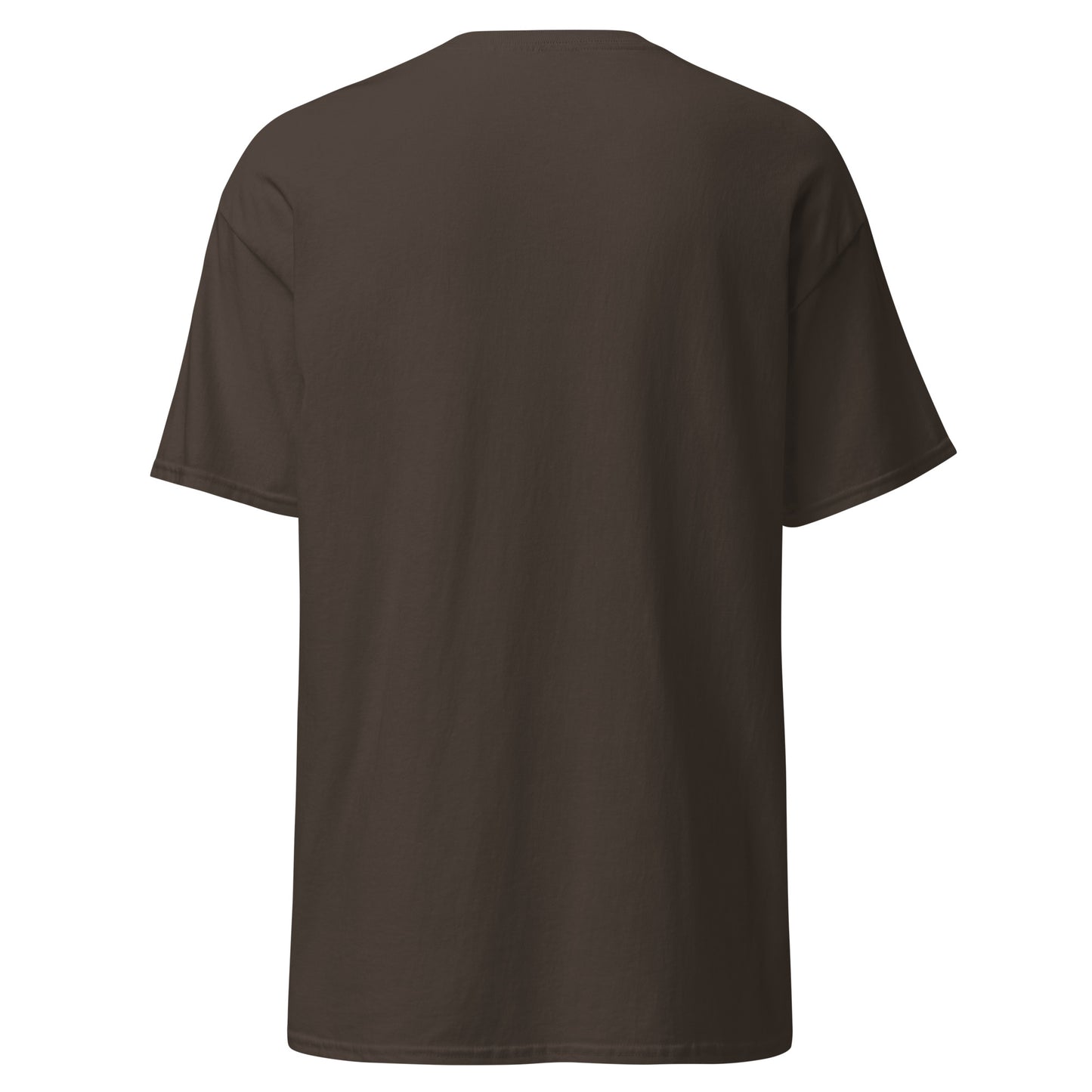 Back view of plain dark brown classic tee, front design only