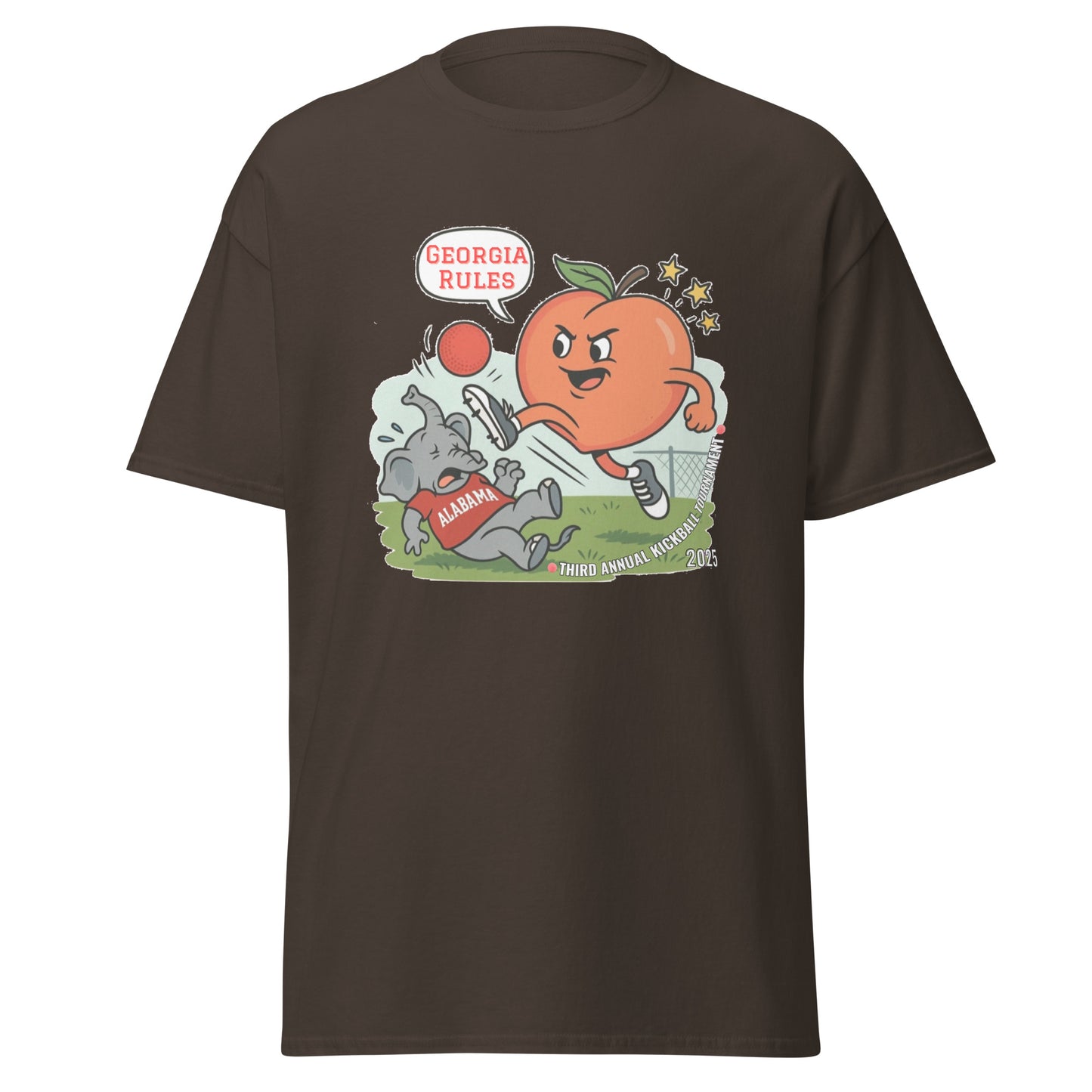 Front view of dark brown classic tee with Georgia peach dominating Alabama elephant, "Georgia Rules" kickball print