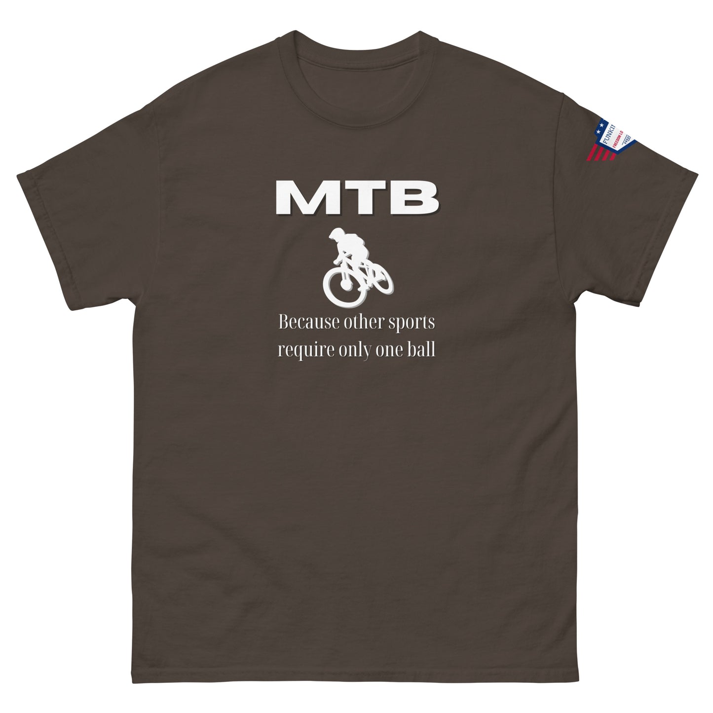 Front view of brown unisex t-shirt with white "MTB" print, MTB silhouette, "Because other sports require only one ball", stars-and-stripes sleeve