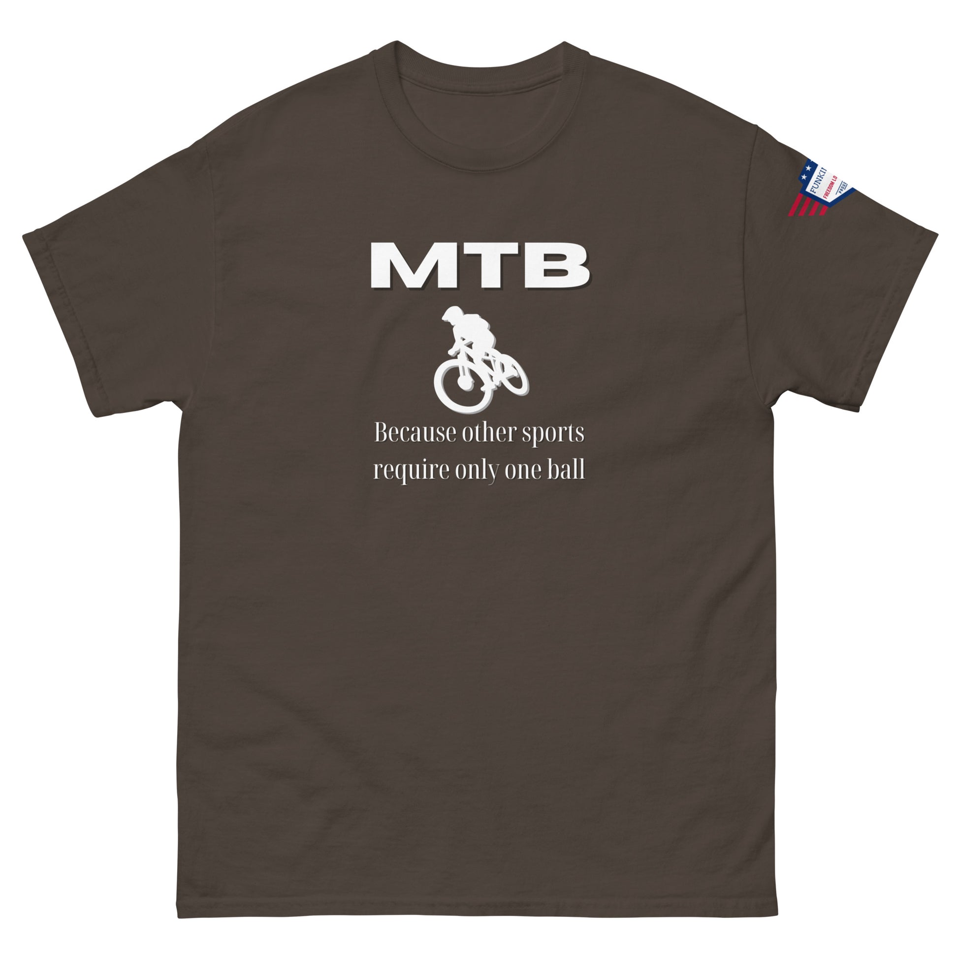 Front view of brown unisex t-shirt with white "MTB" print, MTB silhouette, "Because other sports require only one ball", stars-and-stripes sleeve