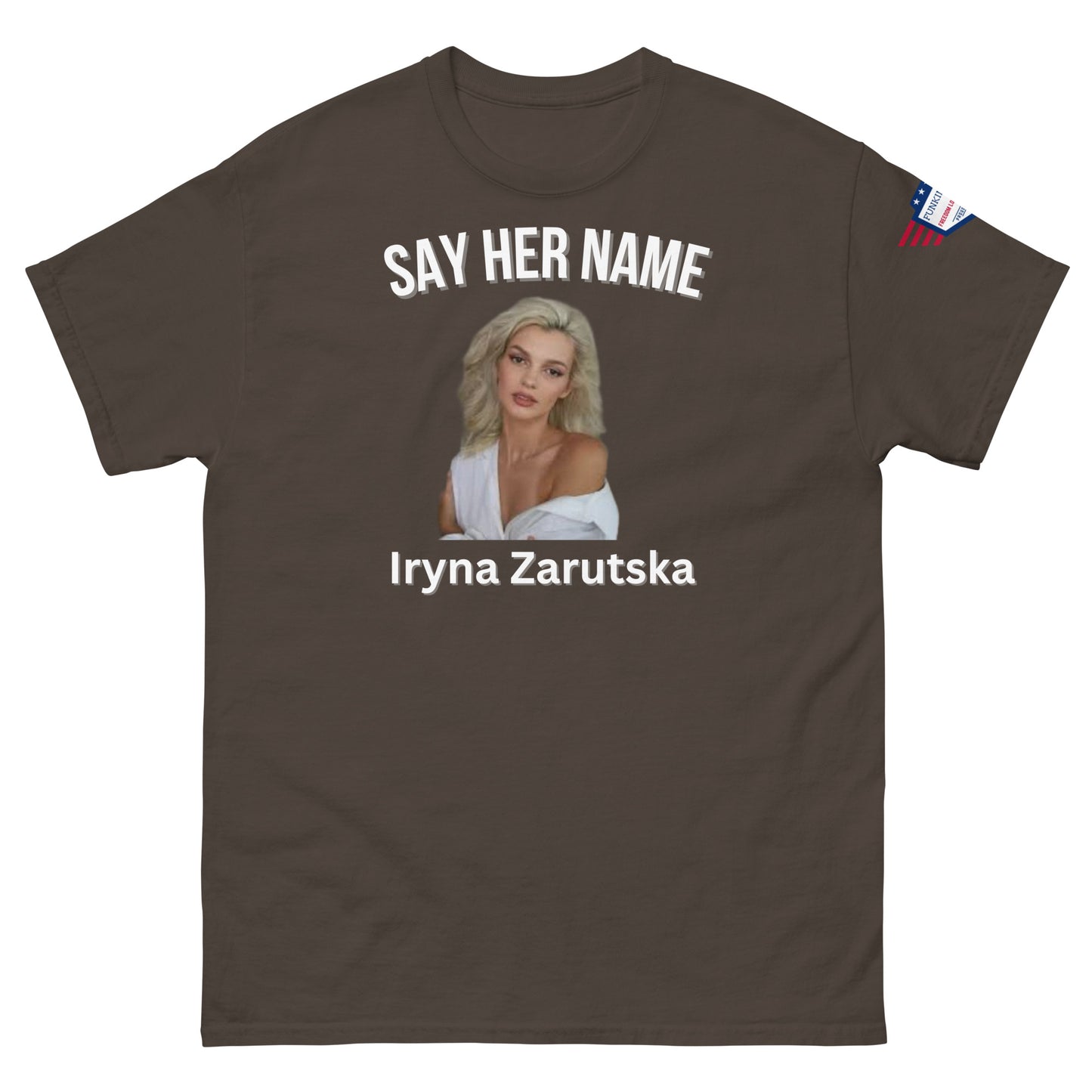 Front view of dark brown "SAY HER NAME" tee with Iryna Zaruska portrait, USA sleeve patch