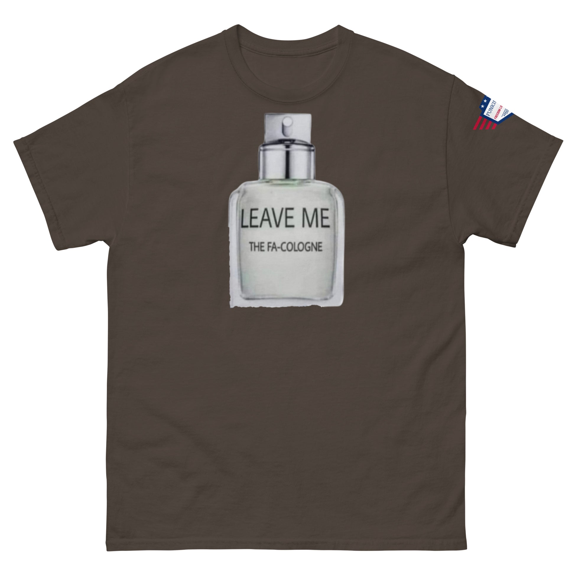 Front view of olive unisex tee with "Leave Me The Fa Cologne" cologne pun graphic and flag label